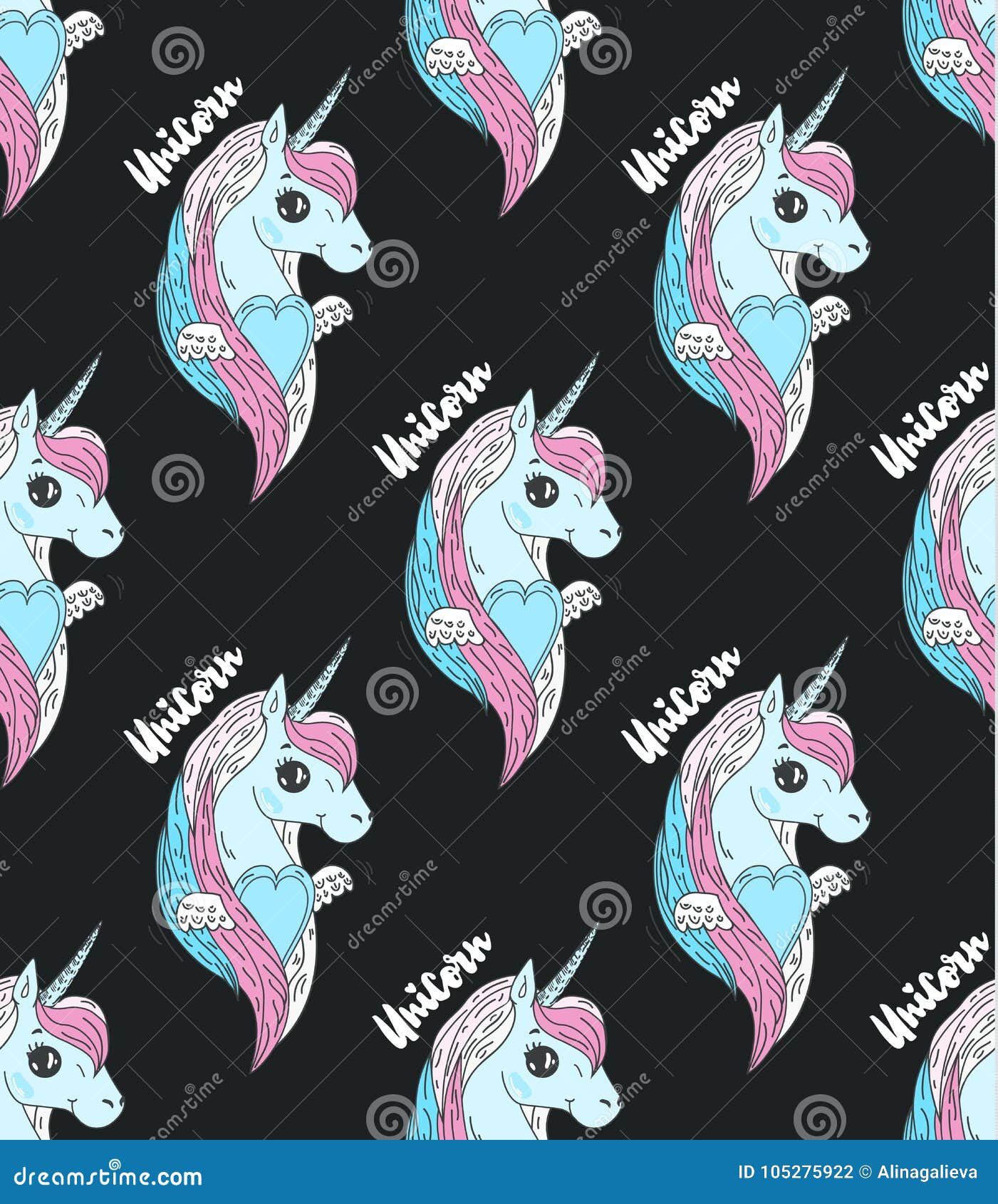 Colorful Unicorn Heads on Pink Black Background Stock Vector ...
