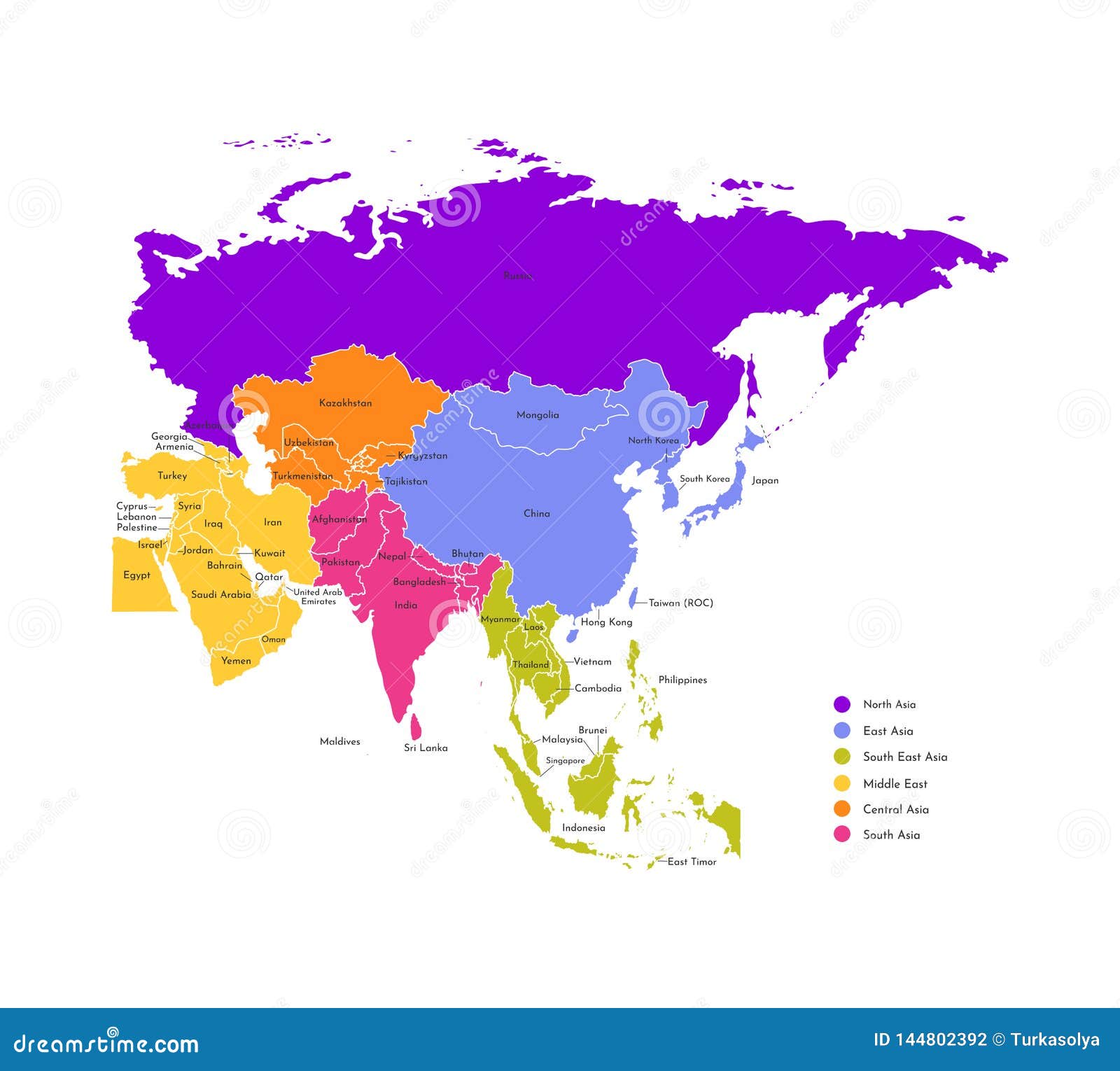 Colorful Vector Illustration With Simplified Map Of Asia Countries