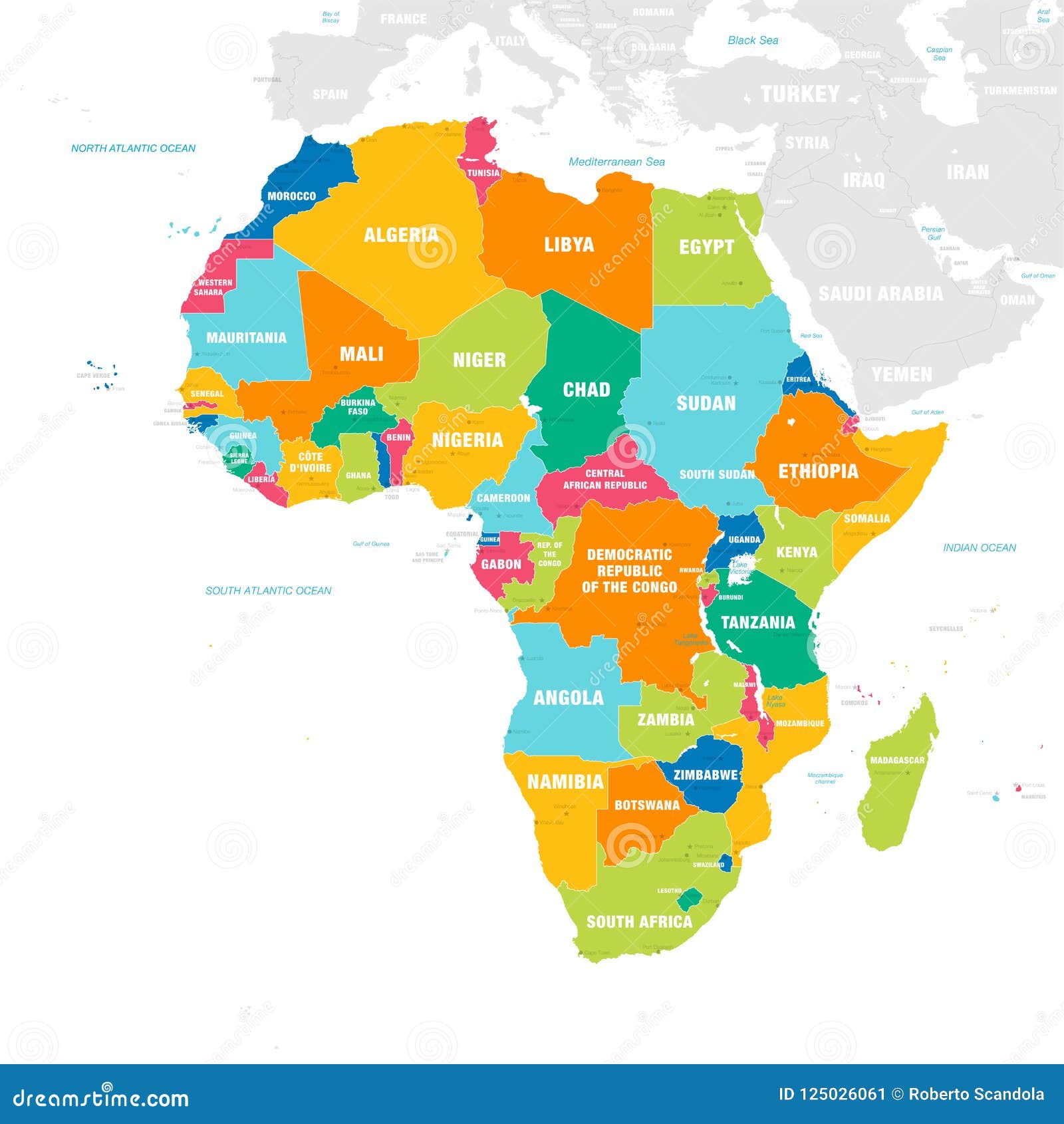 Colorful Vector Map Africa Vector Map Africa Continent Countries Capitals Main Cities Seas Islands Names 125026061 