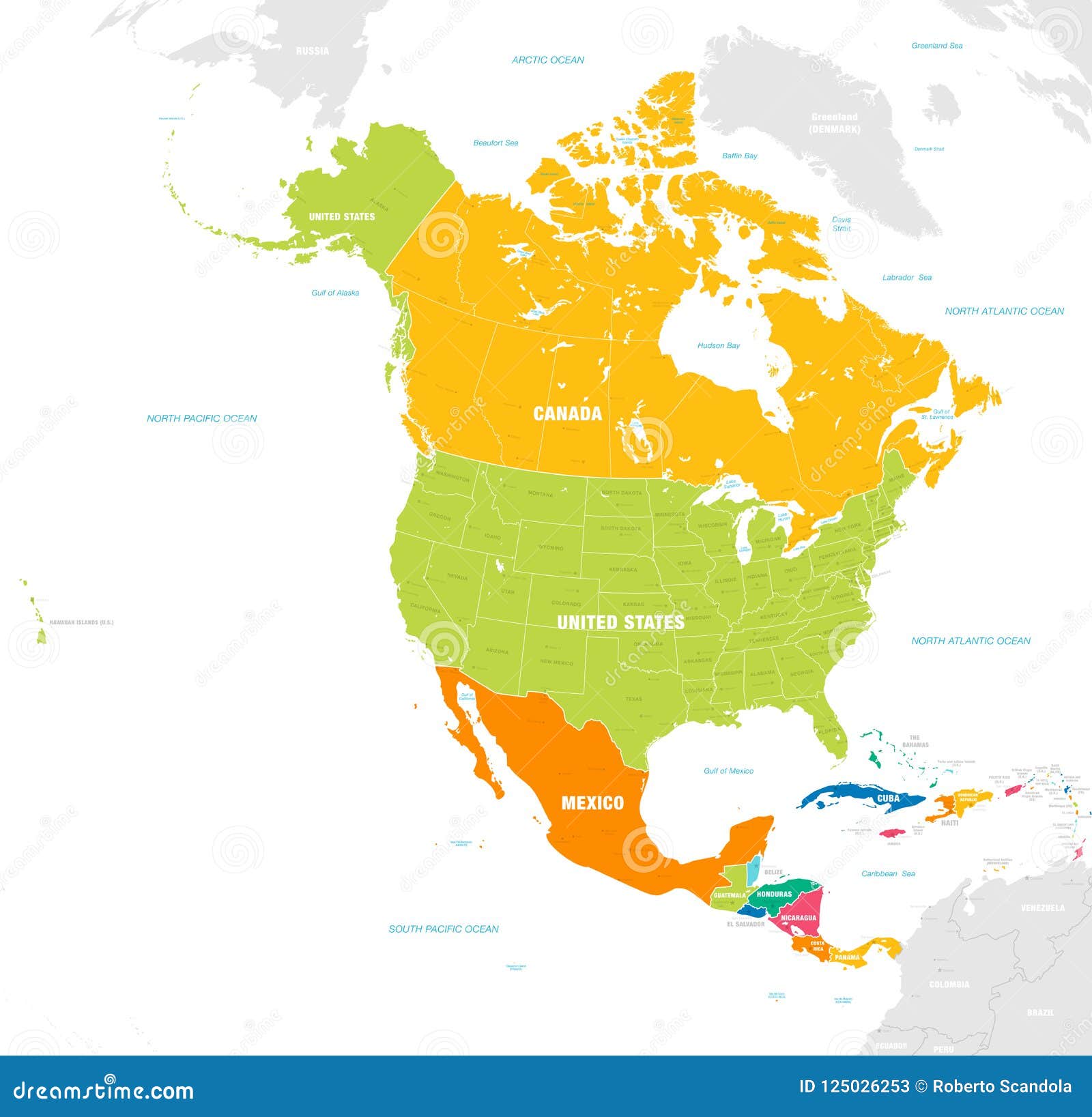Colorful Vector Map of North and Central America Stock Vector