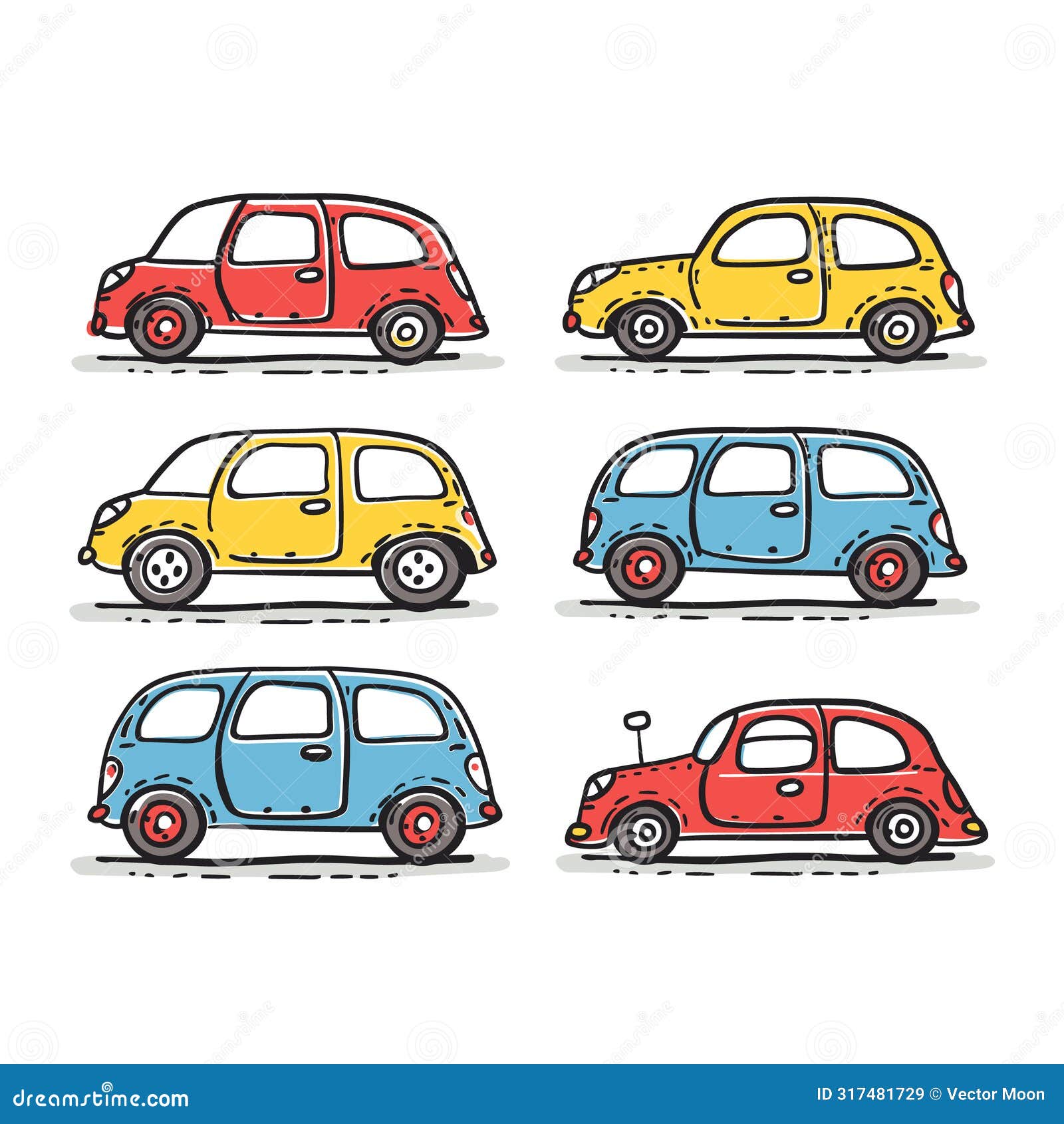 colorful vintage cars , six classic automobiles. row oldfashioned vehicles, cartoon