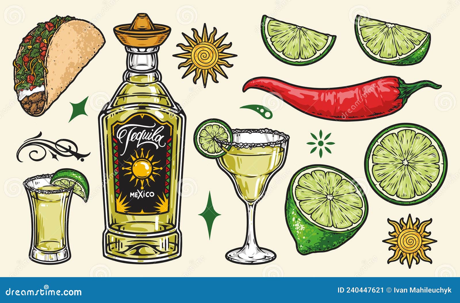 Colorful Vintage Elements of Tequila Drink Stock Vector - Illustration of  bottle, sign: 240447621