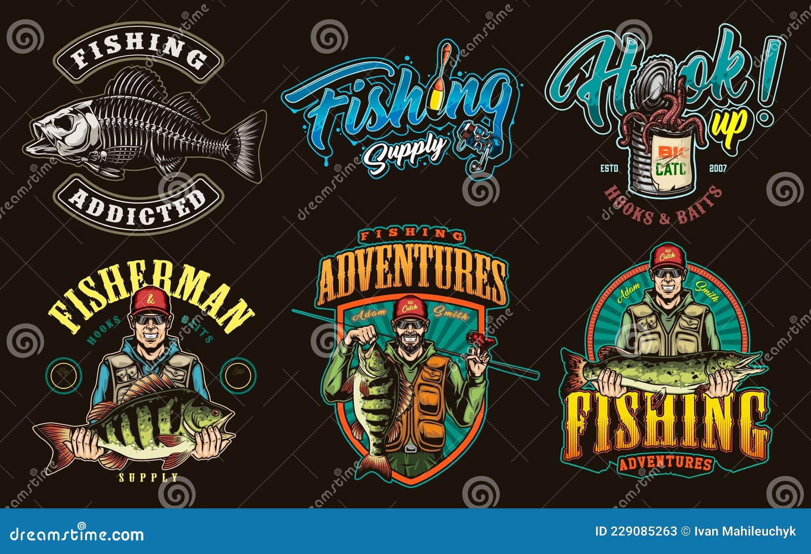 Colorful Vintage Fishing Prints Stock Vector - Illustration of people,  animal: 229085263