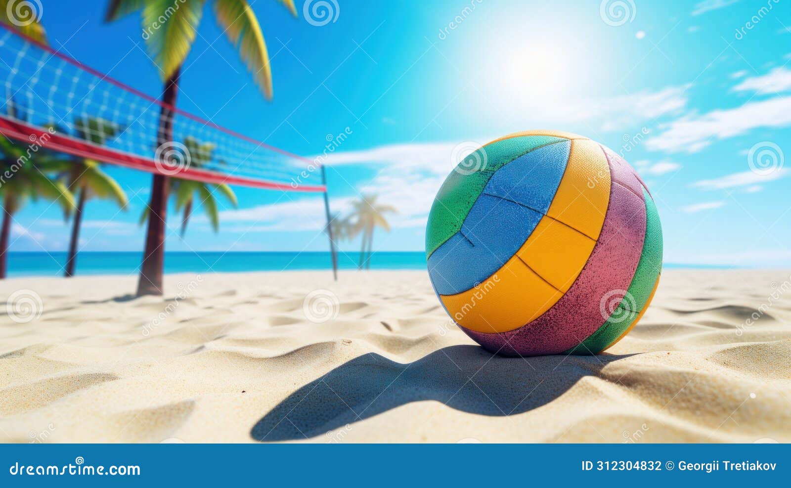 Beach Volleyball Net On Sandy Beach With Sea And Blue Sky In The