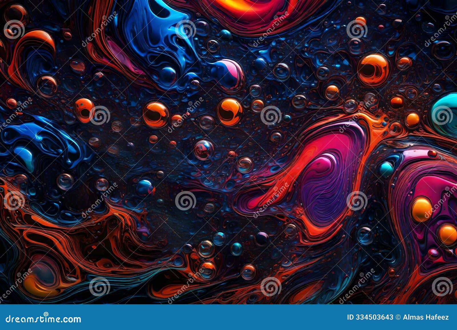 colorful water bubbles floating in a dark, glowing liquid, creating an abstract background. flowing bubbles of various colors