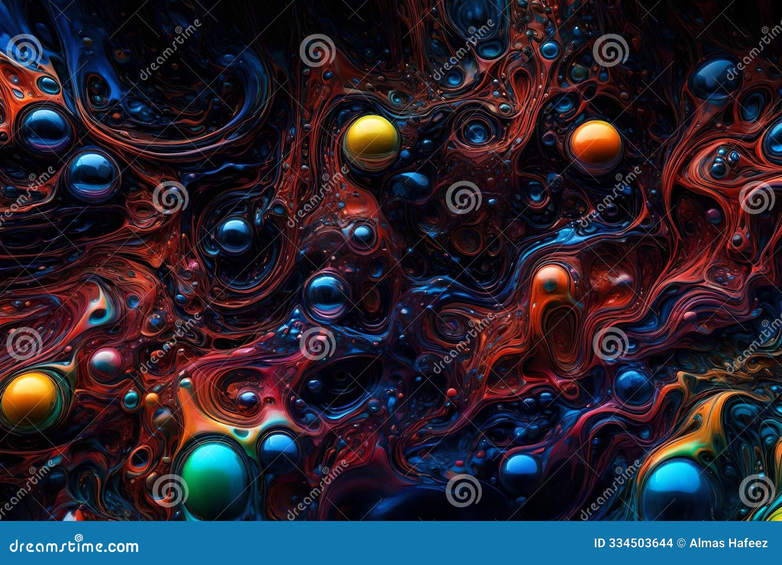 colorful water bubbles floating in a dark, glowing liquid, creating an abstract background. flowing bubbles of various colors