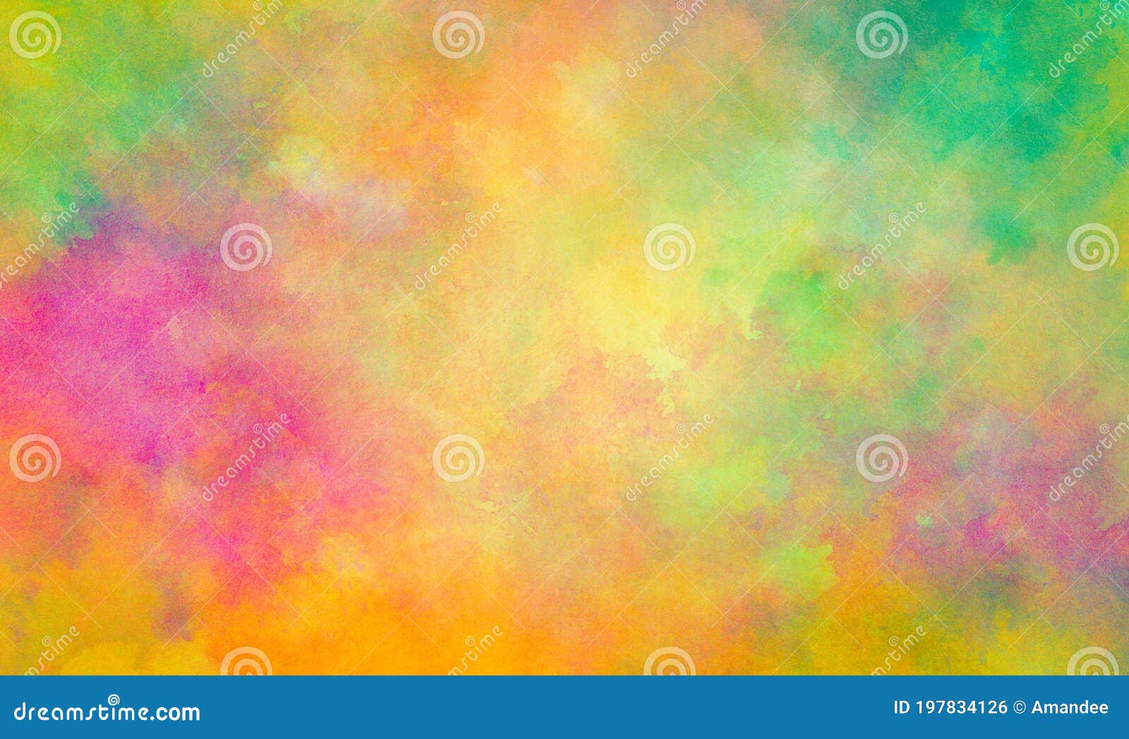 colorful watercolor background of abstract sunset or easter sunrise sky with puffy color splash clouds in bright painted colors of