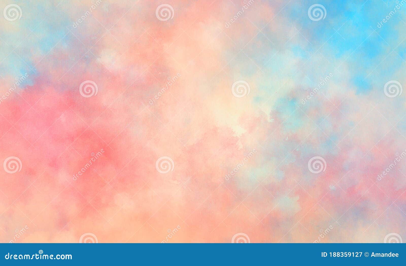 colorful watercolor background of abstract sunset sky with puffy clouds in bright painted colors of pink blue and white