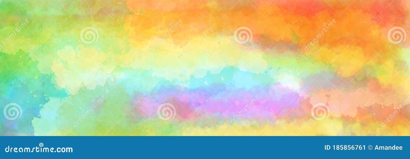colorful watercolor background of abstract sunset sky with puffy clouds in bright rainbow colors