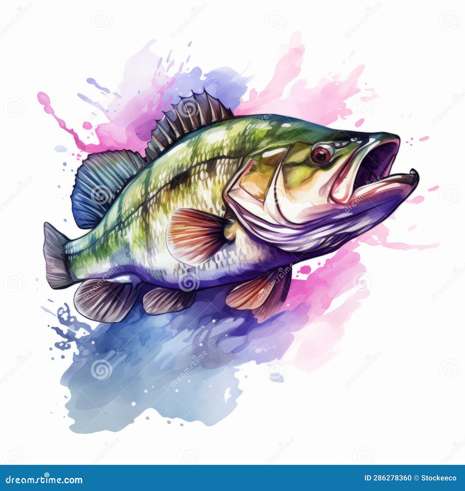 Colorful Watercolor Splash: Realistic Bass Clipart Stock