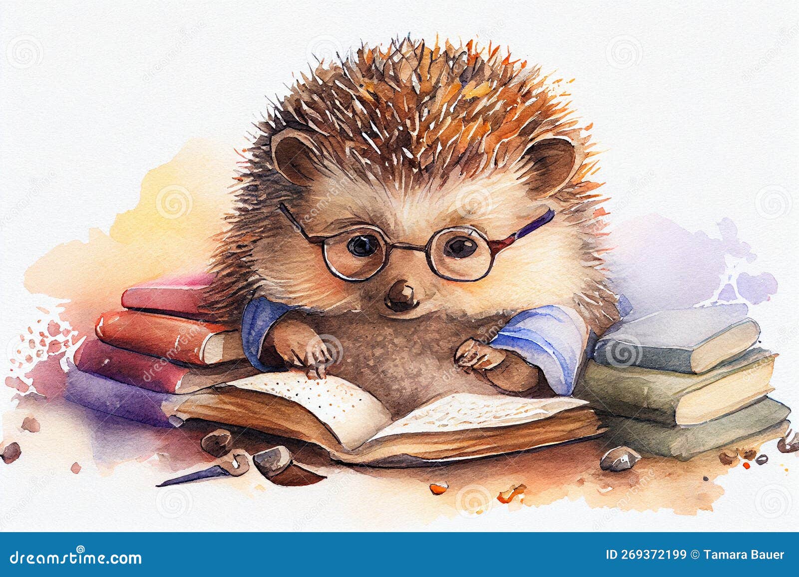 Watercolor Illustration of Cute Hedgehog Wearing Glasses, Reading in ...