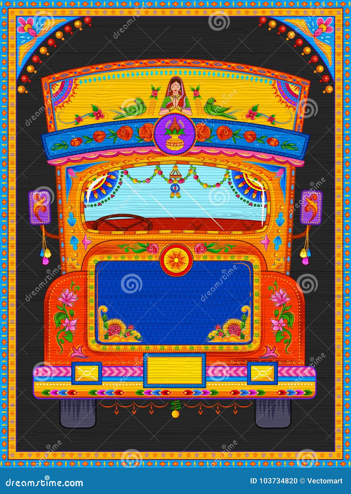 colorful welcome banner in truck art kitsch style of india