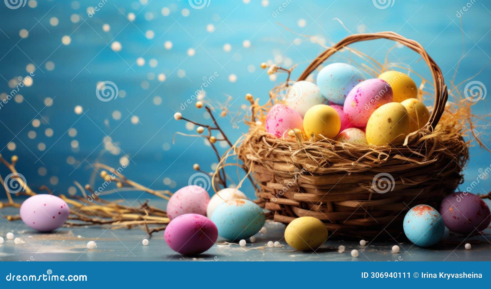 colorful wicker basket with easter eggs inside for springeaster