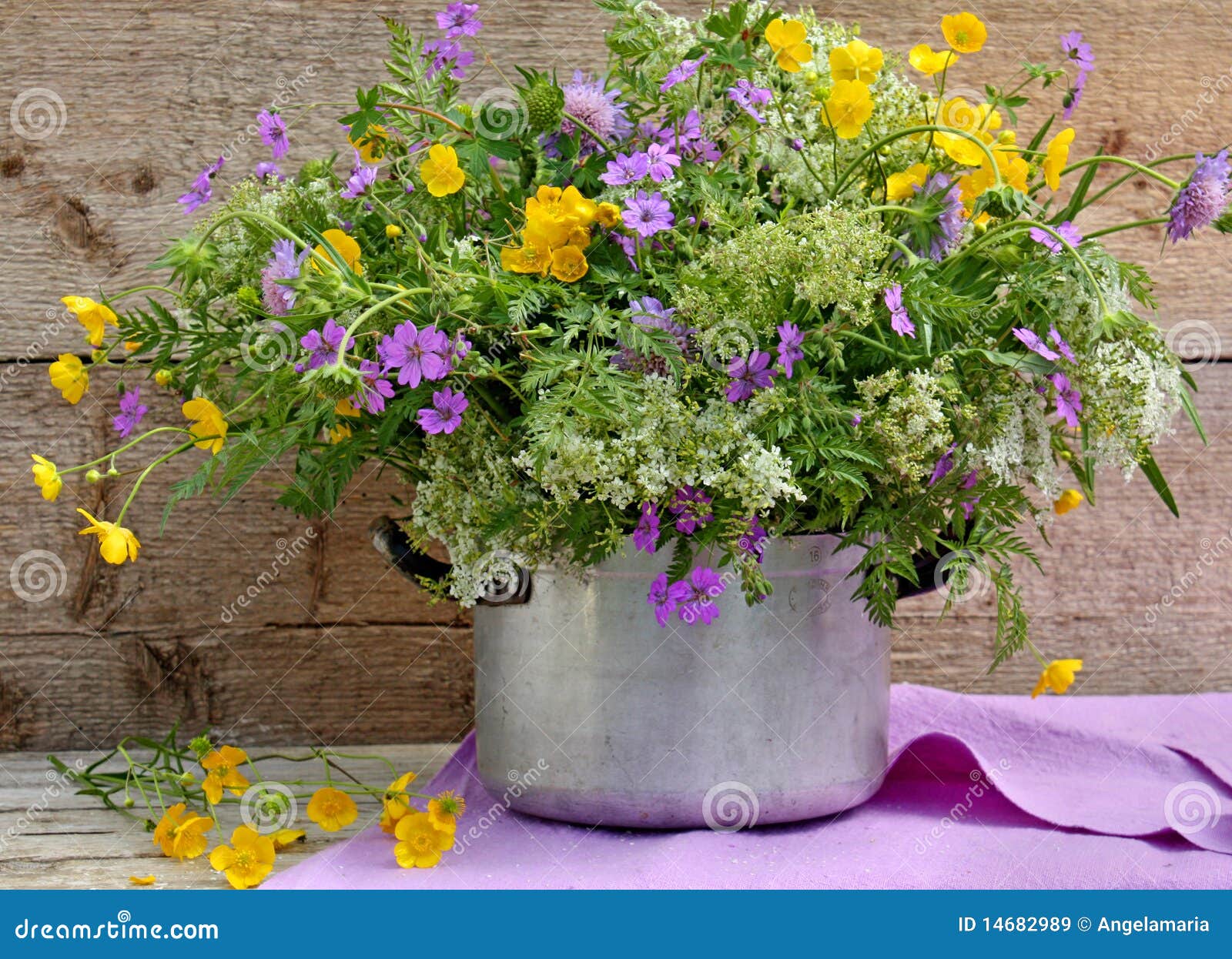 Colorful Wildflowers in Pot Stock Image Image of bunch, wooden 14682989