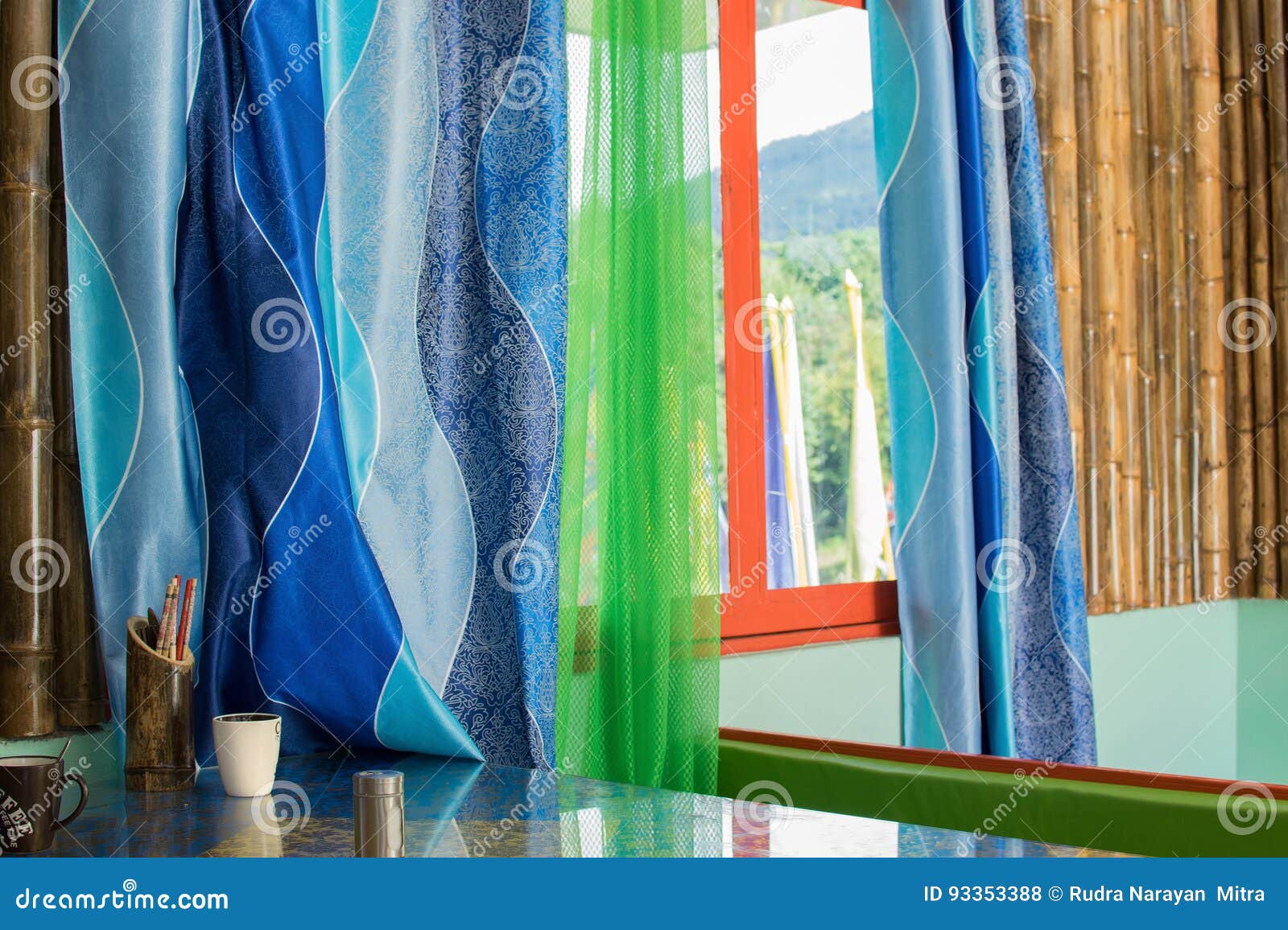Colorful window curtains stock photo. Image of fold, backdrop 93353388