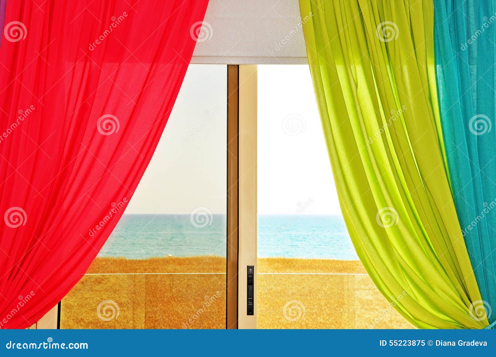 Colorful Window with Sea View Stock Image Image of curtain, view
