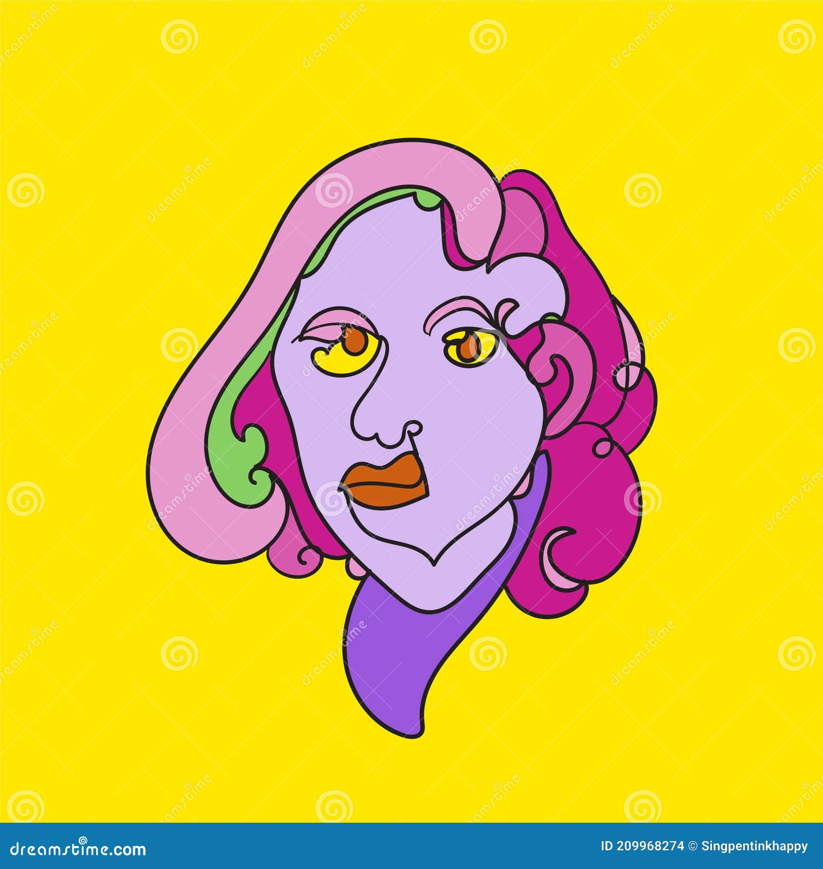 Colorful Woman Portrait Continuous Line Art Drawing in Psychedelic ...