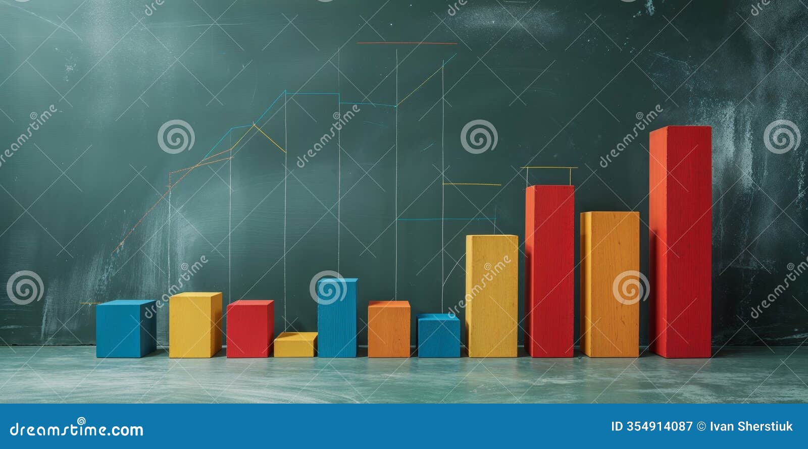 colorful wooden blocks on chalkboard representing bar graph