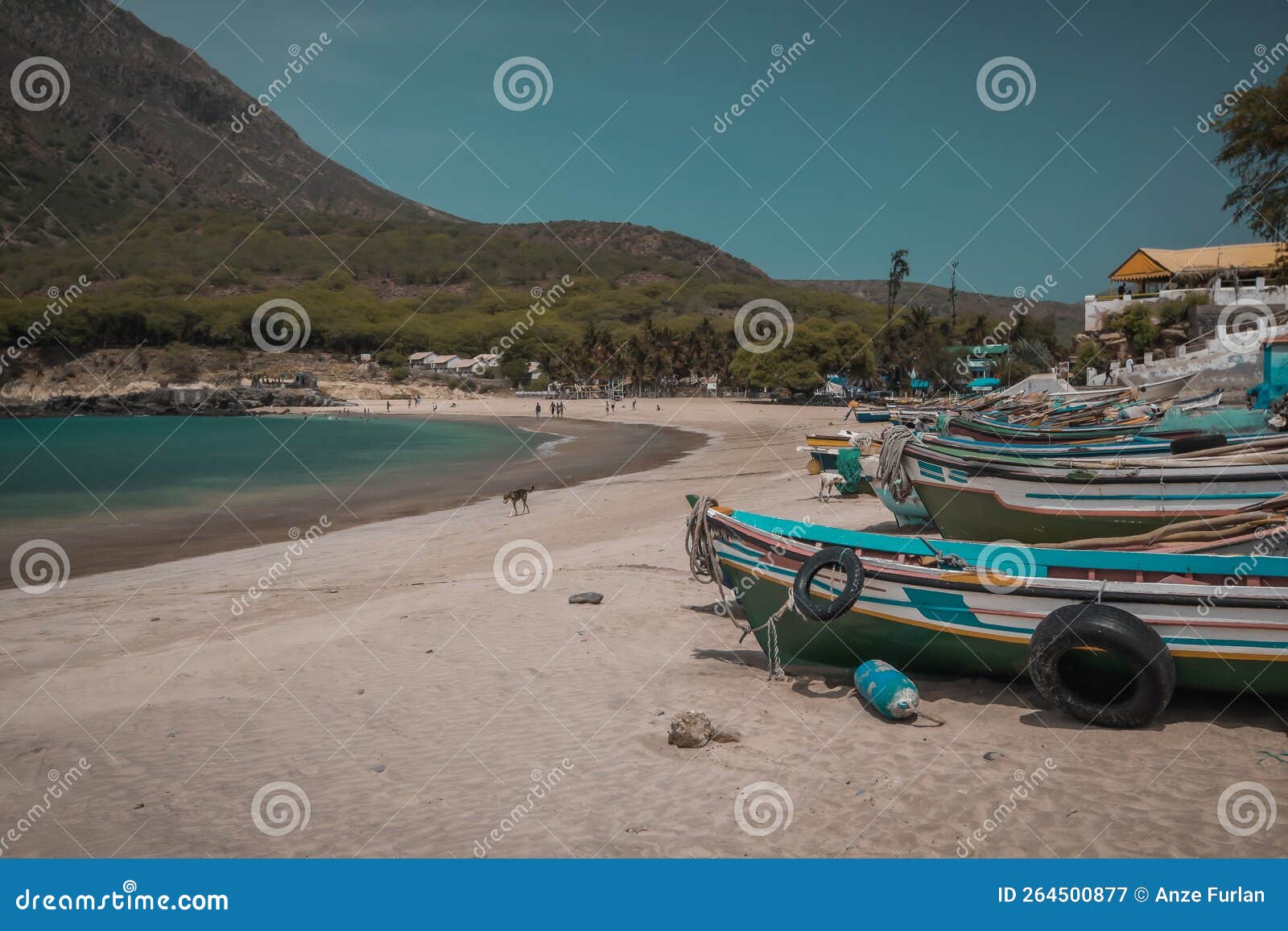 colorful wooden boats on a beach on the island of santiago on cabo verde islands, with some trees and houses in the background