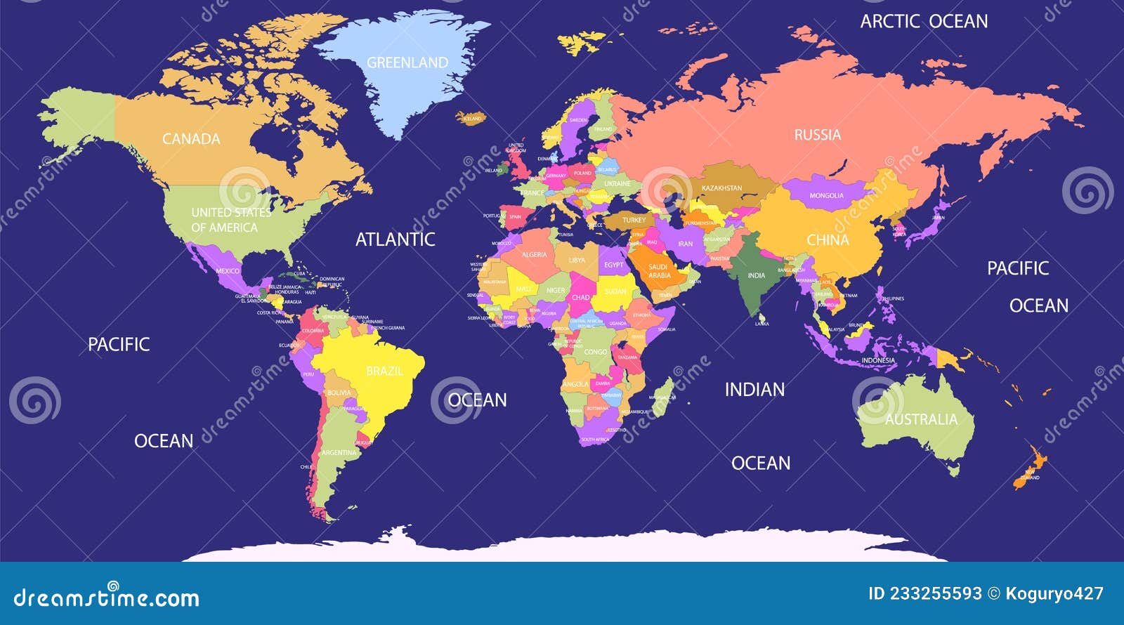 Colorful World Map with All Countries Names. High Detail World Map