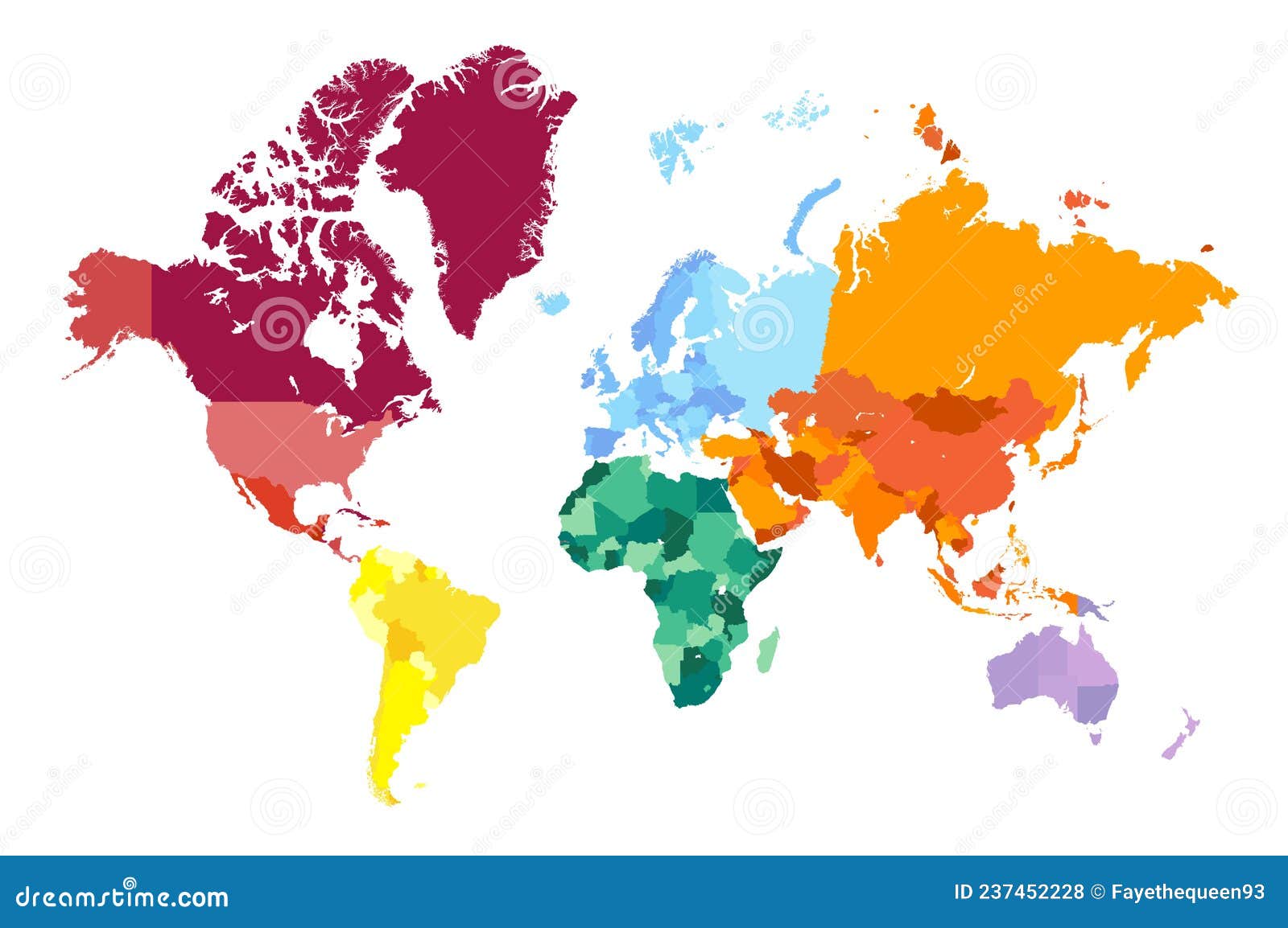 Colorful World Map. World Map Divided into Six Continents Isolated on ...