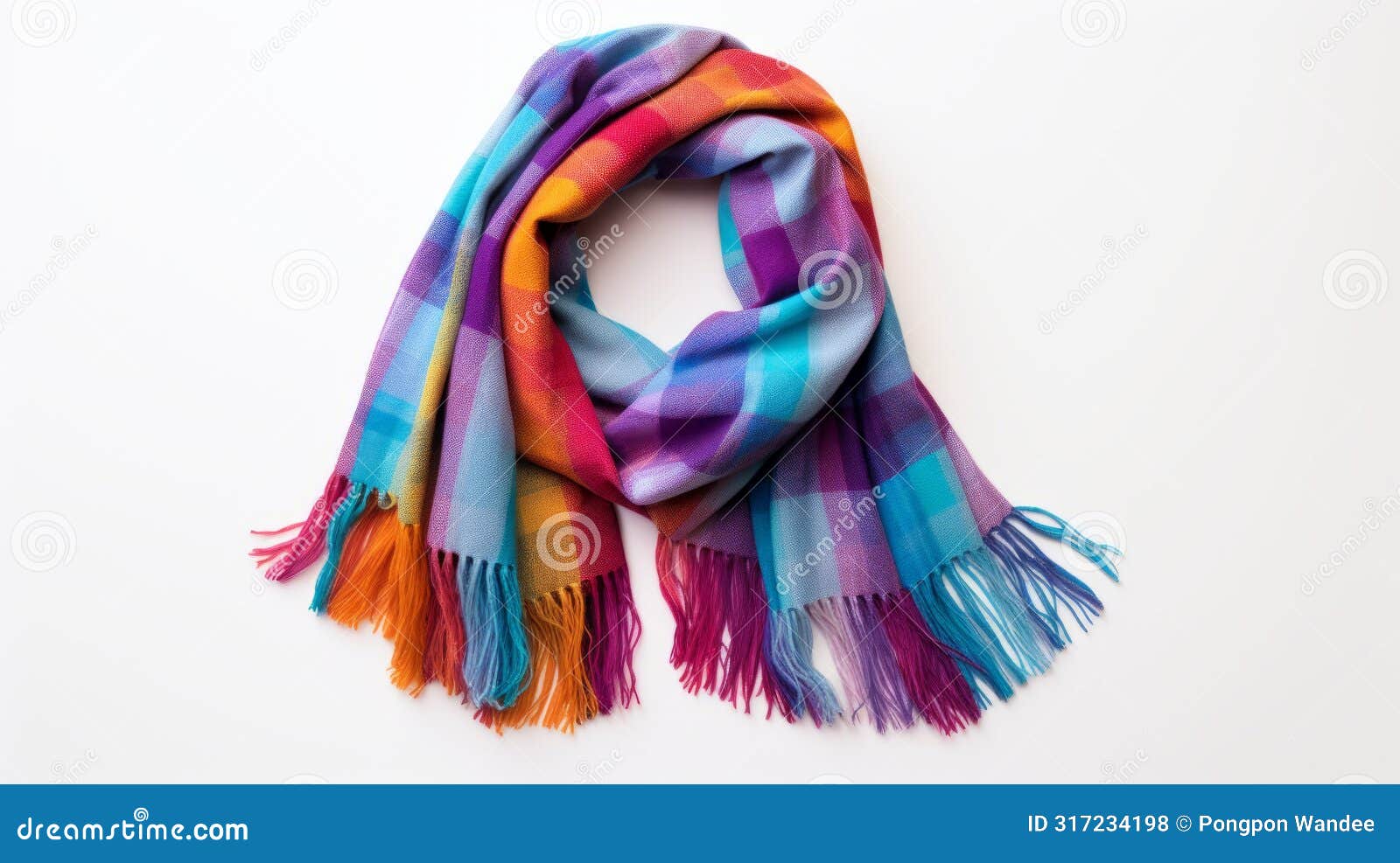 colorful, woven scarf with fringes, showcasing hues of orange, purple, blue, and green on a white background