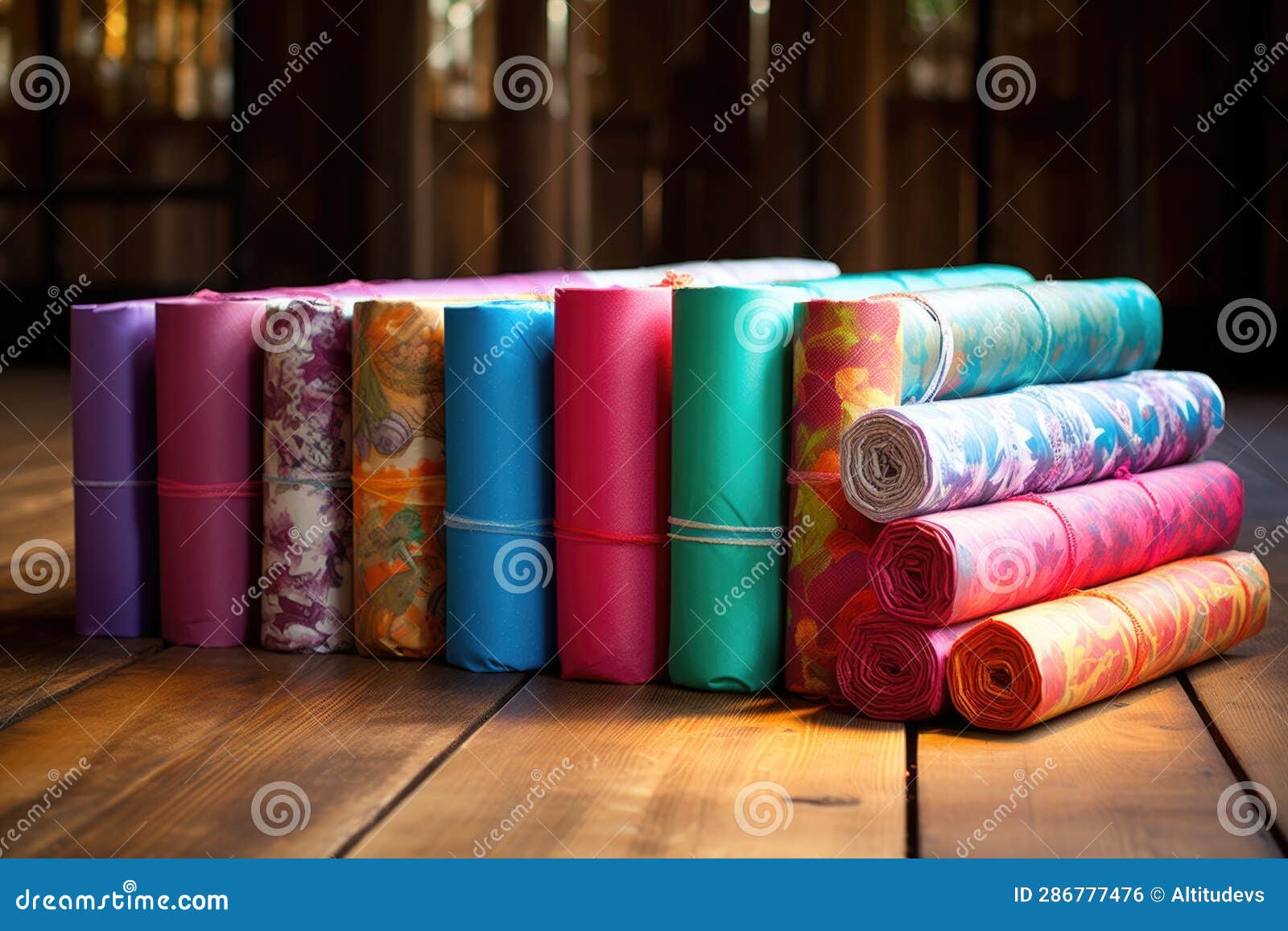 Colorful Wrapping Paper Rolls on Wooden Table Stock Photo Image of