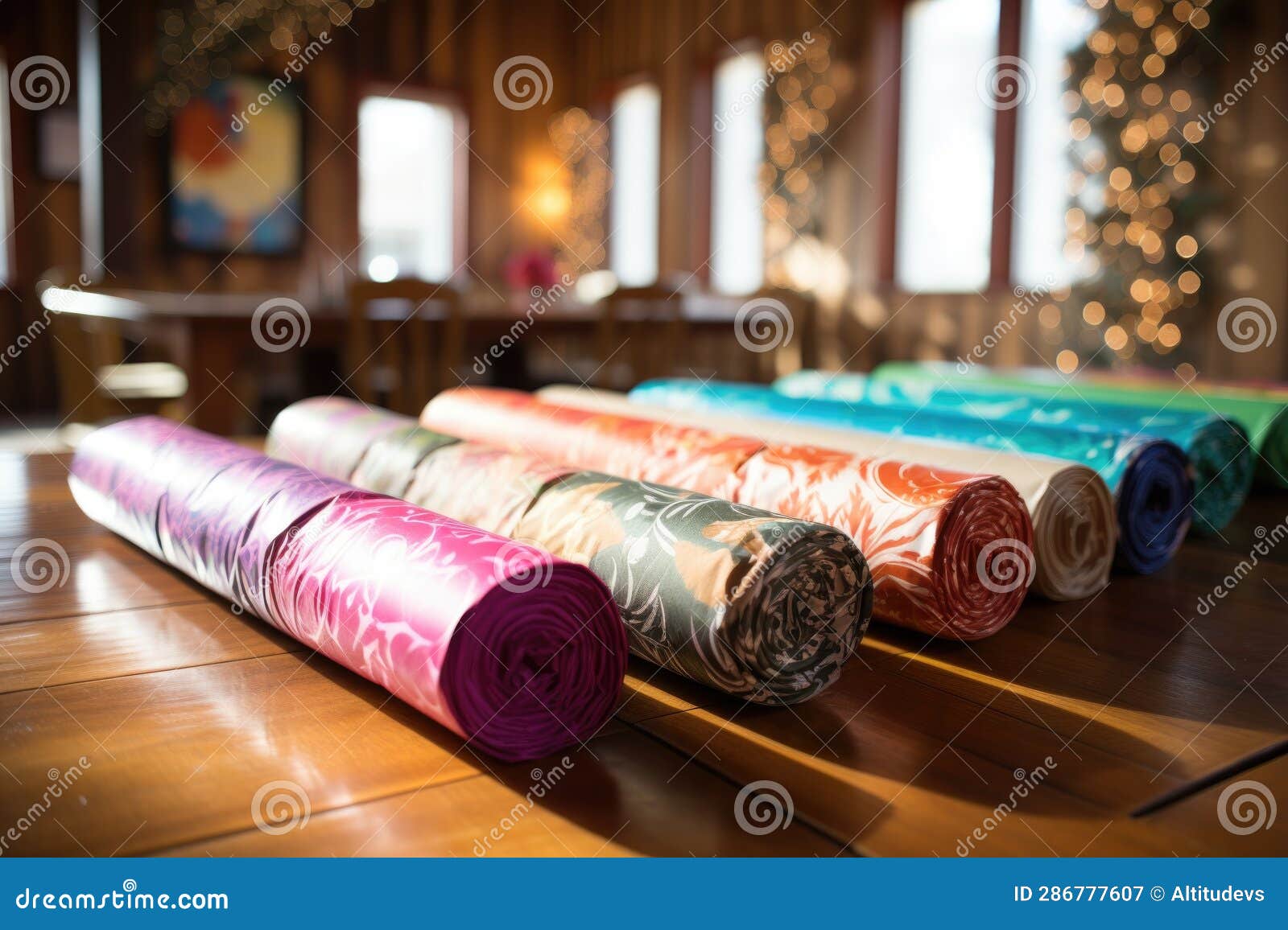 Colorful Wrapping Paper Rolls on a Wooden Table Stock Image Image of