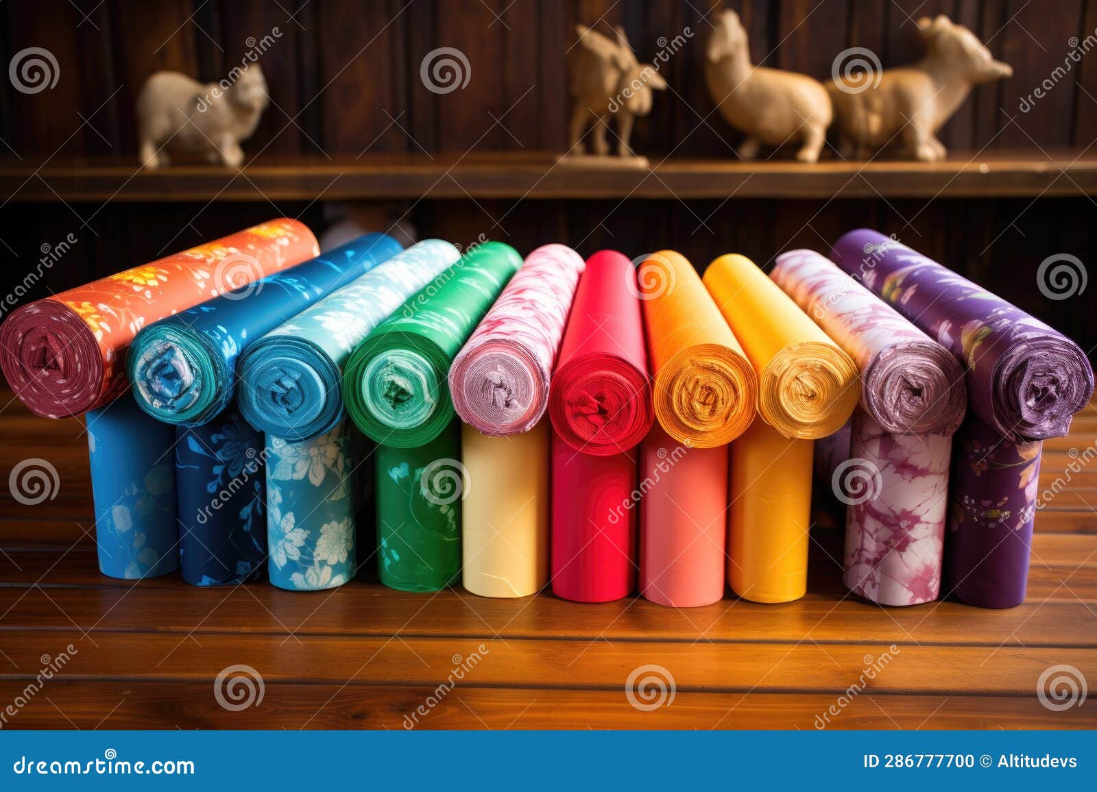 Colorful Wrapping Paper Rolls on Wooden Table Stock Illustration
