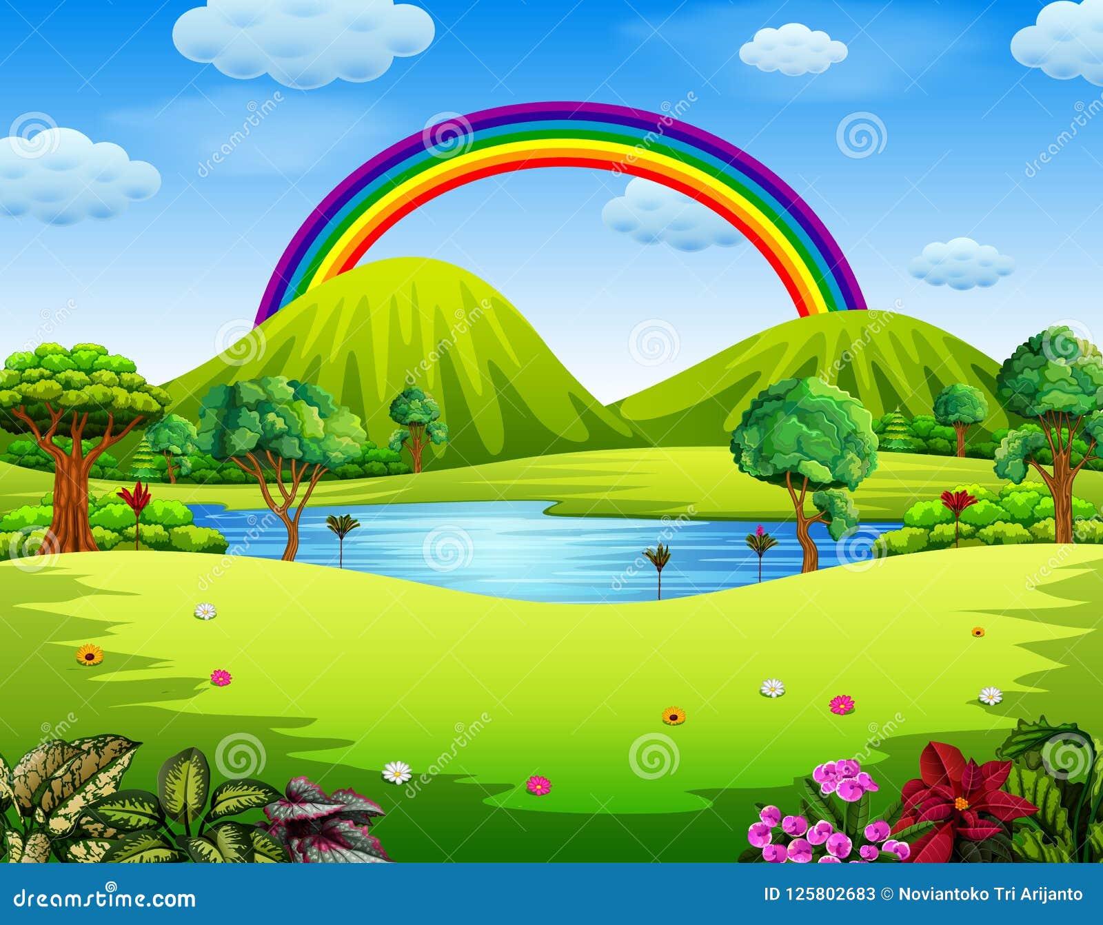 A Colorfull Garden with the Beautiful Rainbow Stock Vector