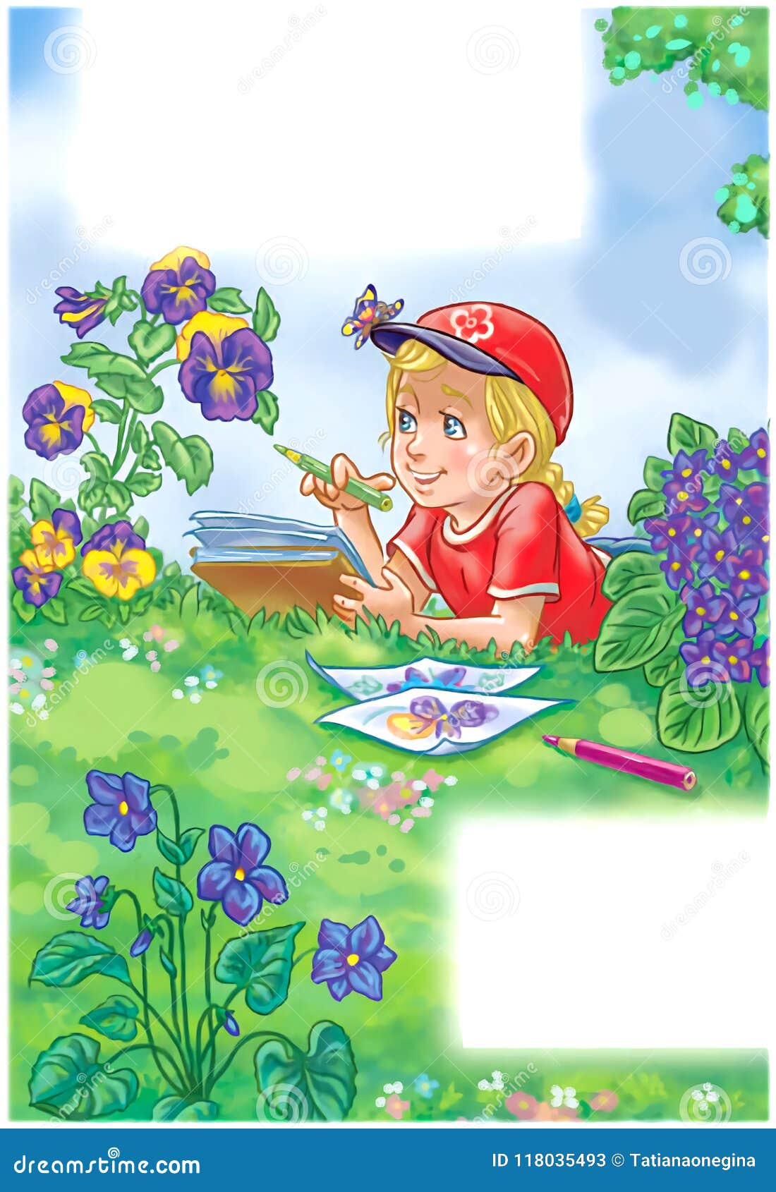 Artistic Drawing of a Little Girl Laying among Flowers in the ...