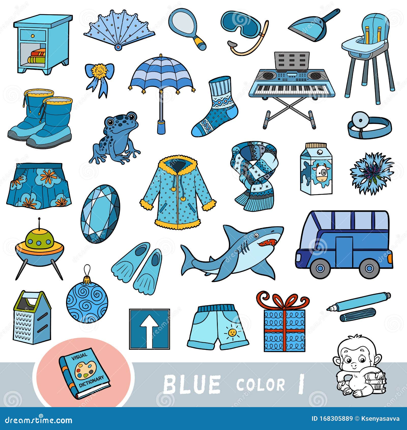 Colorido Conjunto De Objetos De Color Azul Diccionario Visual Para Niños  Sobre Los Colores Básicos Ilustración del Vector - Ilustración de flor,  juego: 168305889