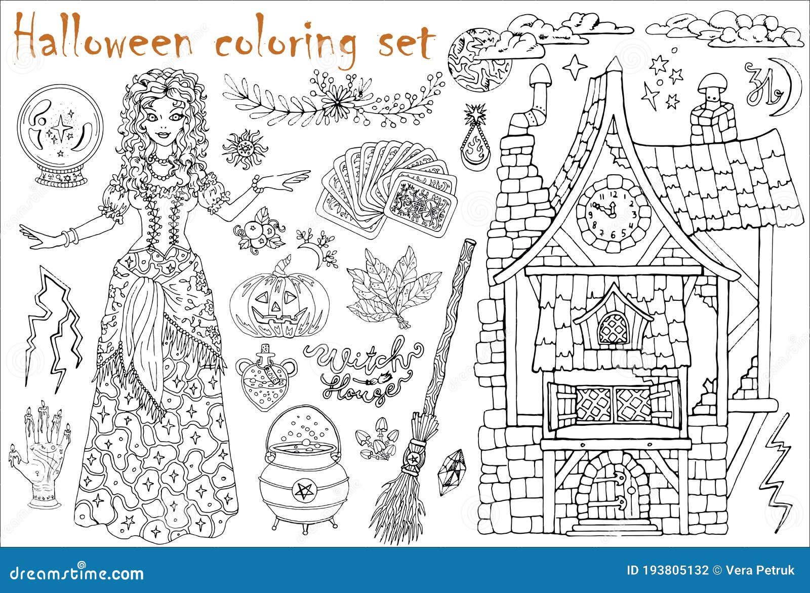 Colorido De Halloween Ambientado Bruja Con Traje De Medieval Tarot Barniz Calabaza Ilustración del Vector - Ilustración de negro, halloween: