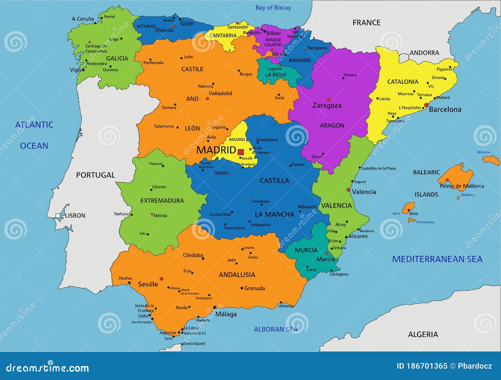 Colorido Mapa Político España Con Capas Claramente Separadas. Ilustración  del Vector - Ilustración de claramente, fondo: 186701365