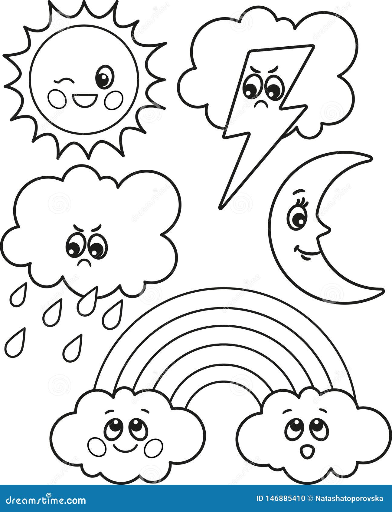 Cute Set Of Cartoon Weather Icons, Vector Black And White Icons