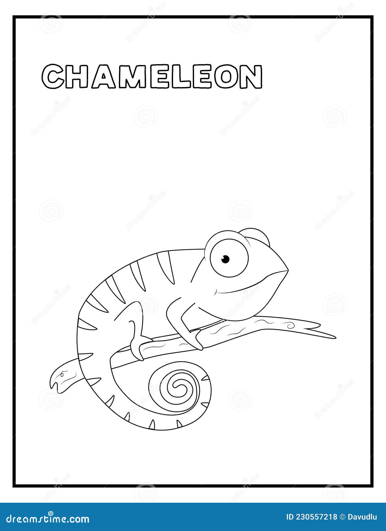 Cute Happy Baby Chameleon on Branch Black and White Coloring Page with ...