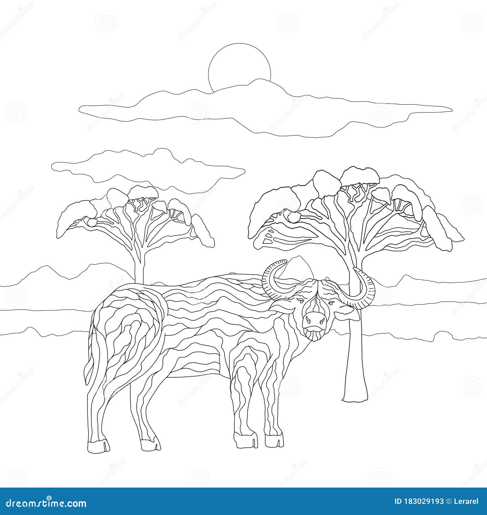 Coloring Book for Adults and Children with a Buffalo on the Background of a Landscape of Sky and Savannah Trees. Cute Wild Bull in Stock Illustration - Illustration of painting, bovine: 183029193 Coloring Book for Adults and Children with a Buffalo on the Background of a Landscape of Sky and Savannah Trees. Cute Wild Bull in Stock Illustration - Illustration of painting, bovine: 183029193