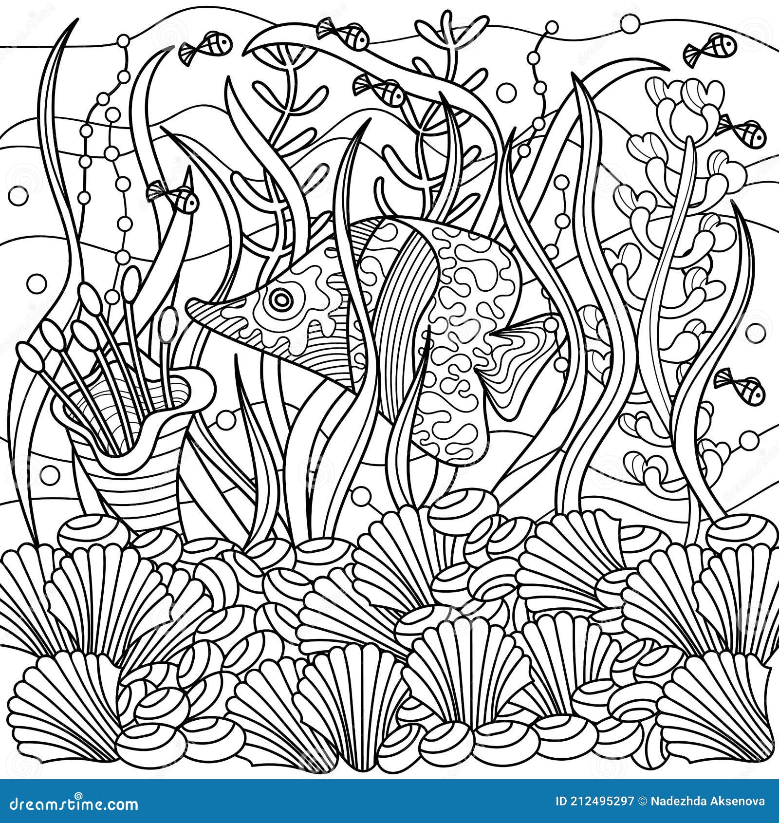 Download Coloring Book For Adults Underwater Marine Vector Motif Doodles Of The Underwater World Sea Ocean River Fish Shells And Stock Vector Illustration Of Amazing Book 212495297