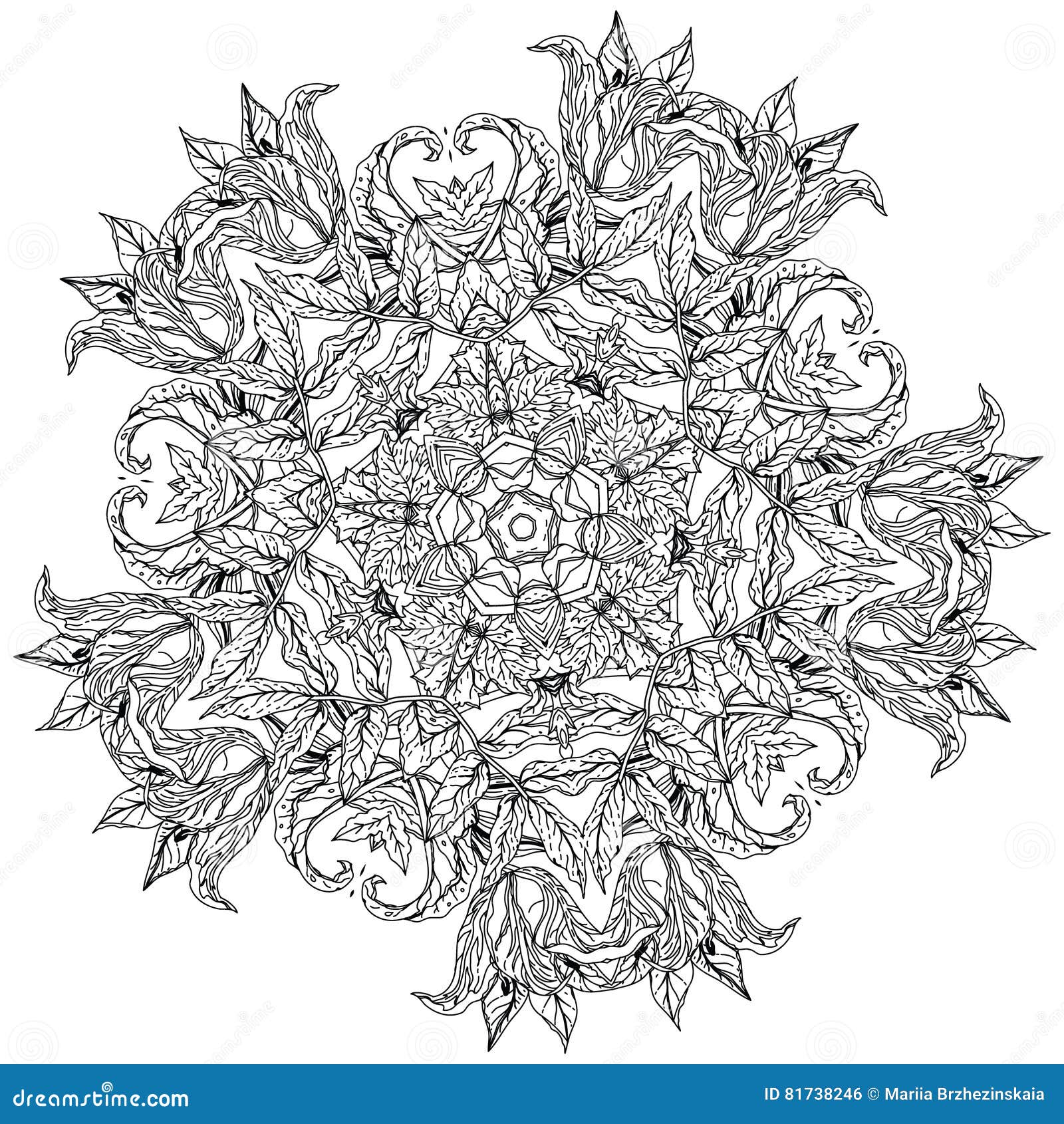 Contoured Mandala Shape Flowers for Adult Coloring Book in Zen Art