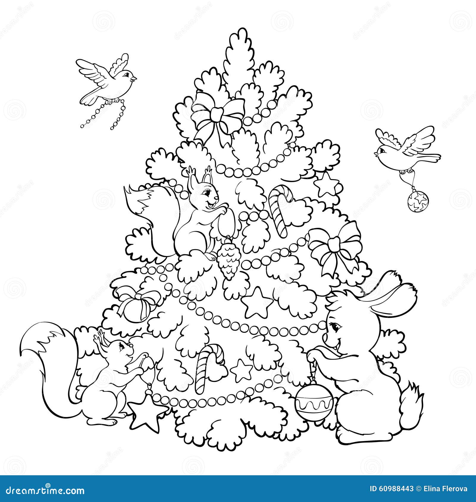 Coloring book Cartoon animals decorate the Christmas Tree