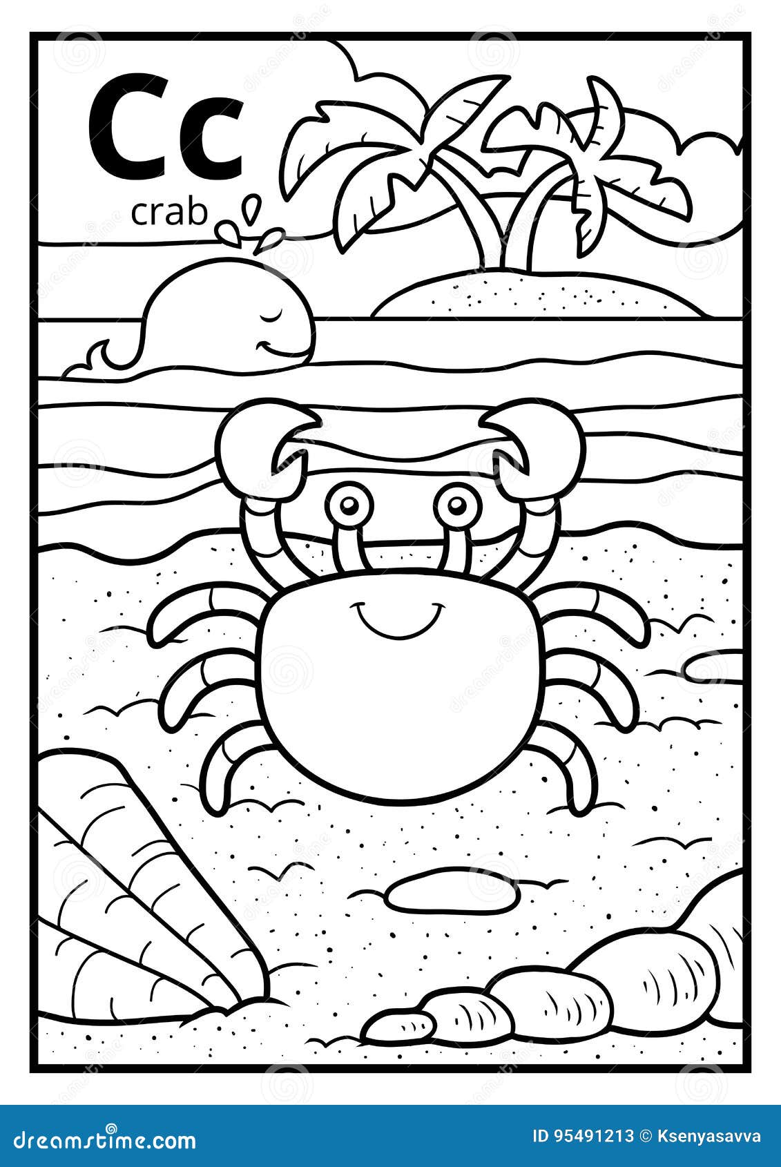 coloring book, colorless alphabet. letter c, crab