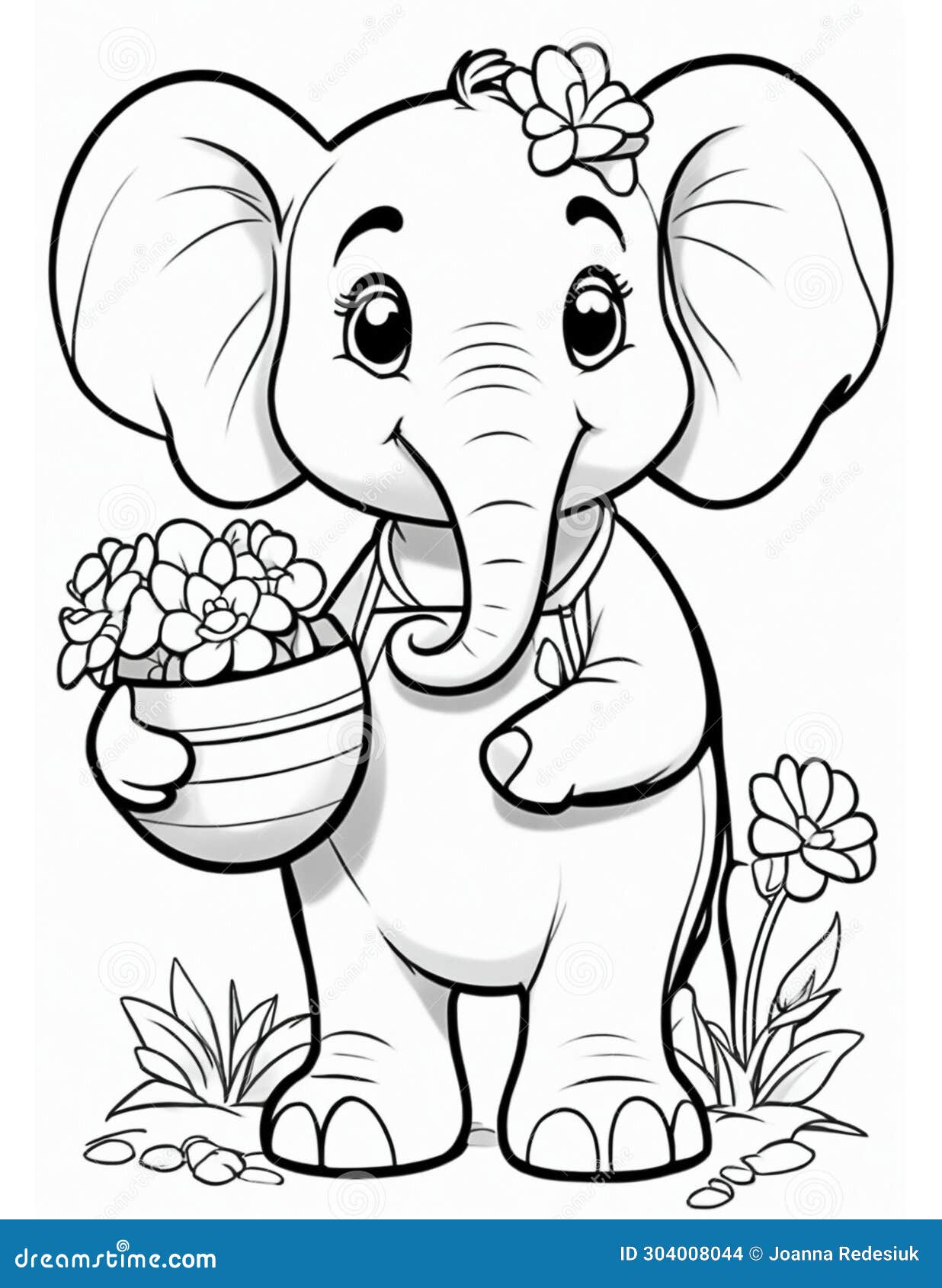 Coloring Book for Children on Easter Elephant with Flowers and Easter