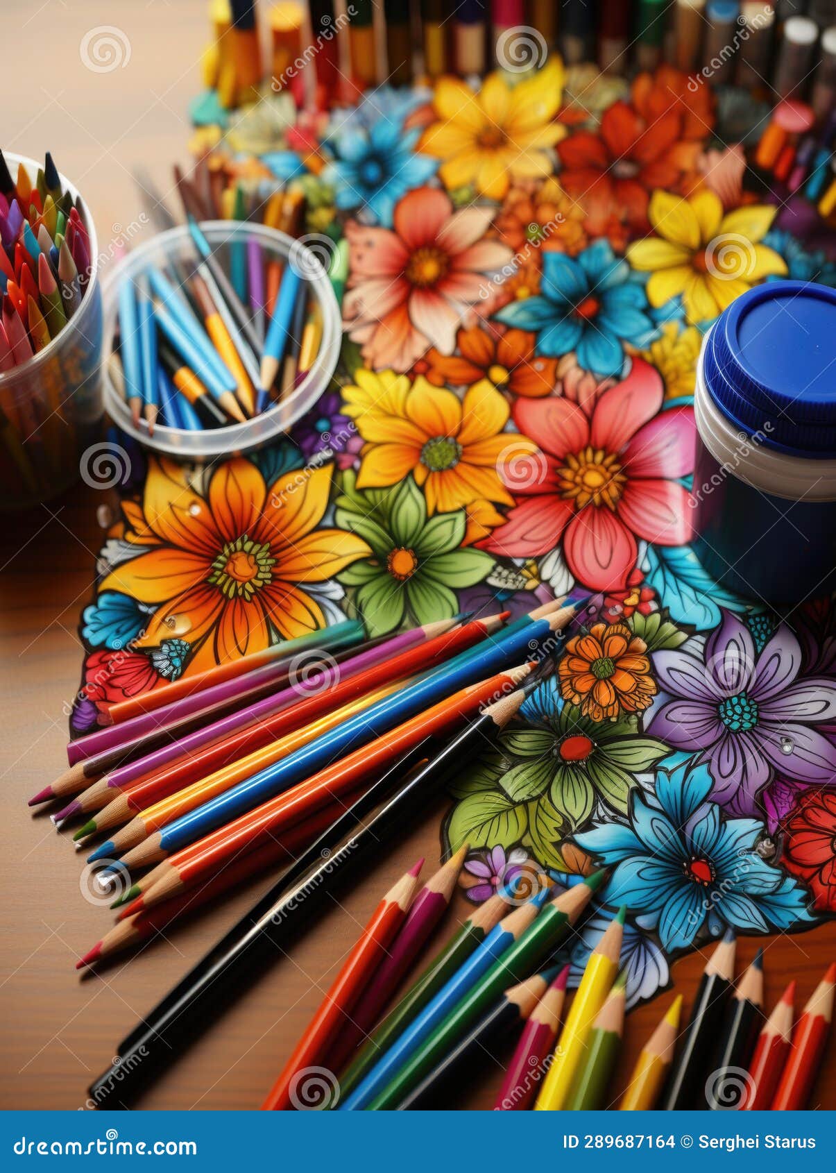 Coloring Book with Colored Pencils and Markers, AI Stock Photo Image