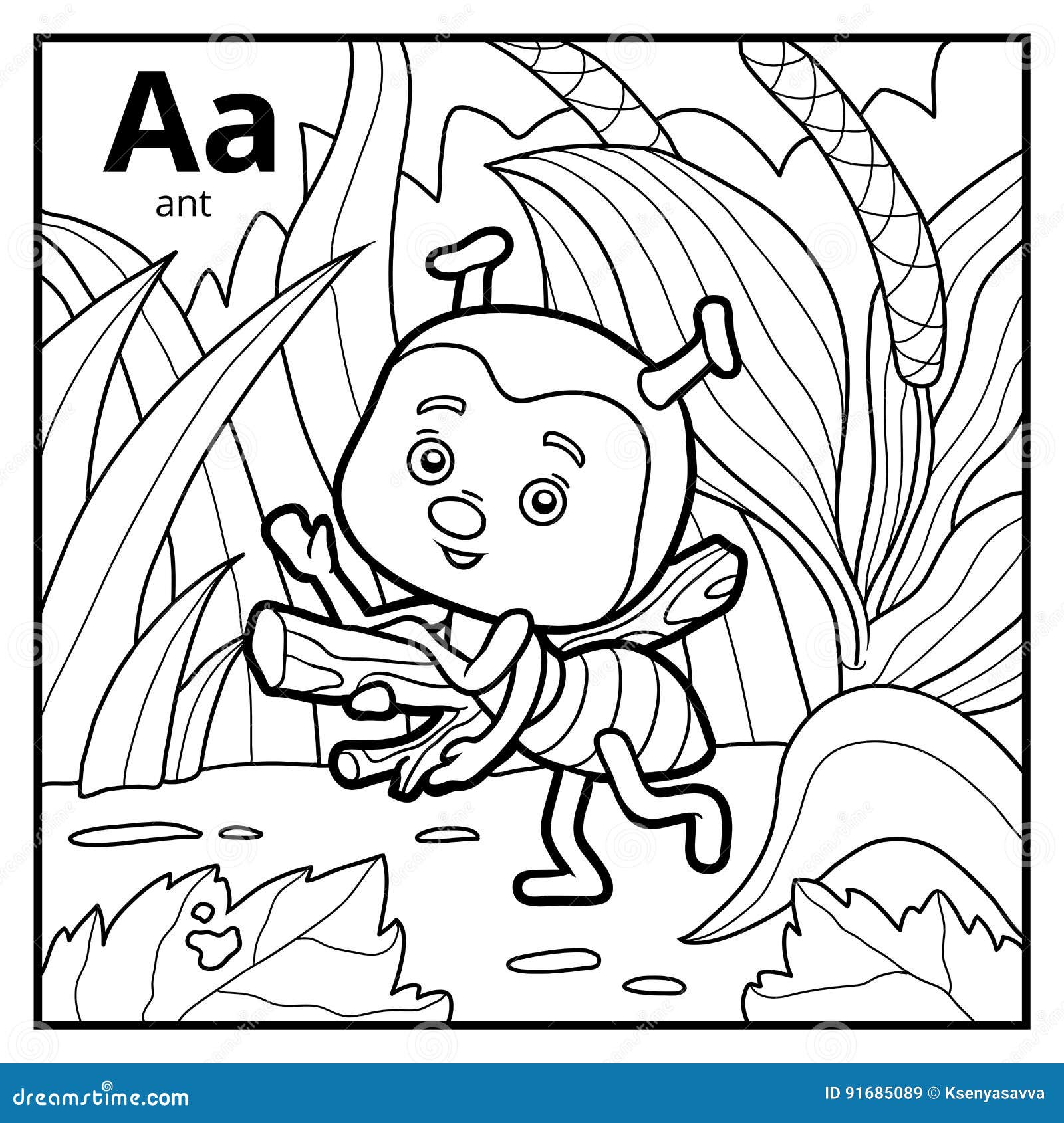 coloring book, colorless alphabet. letter a, ant