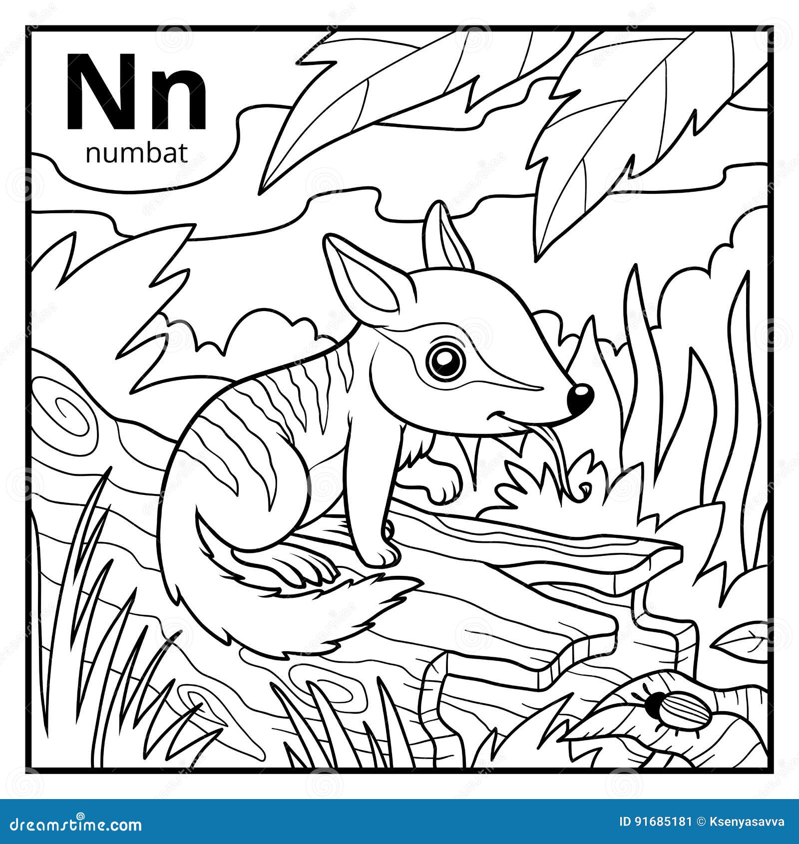 coloring book, colorless alphabet. letter n, numbat