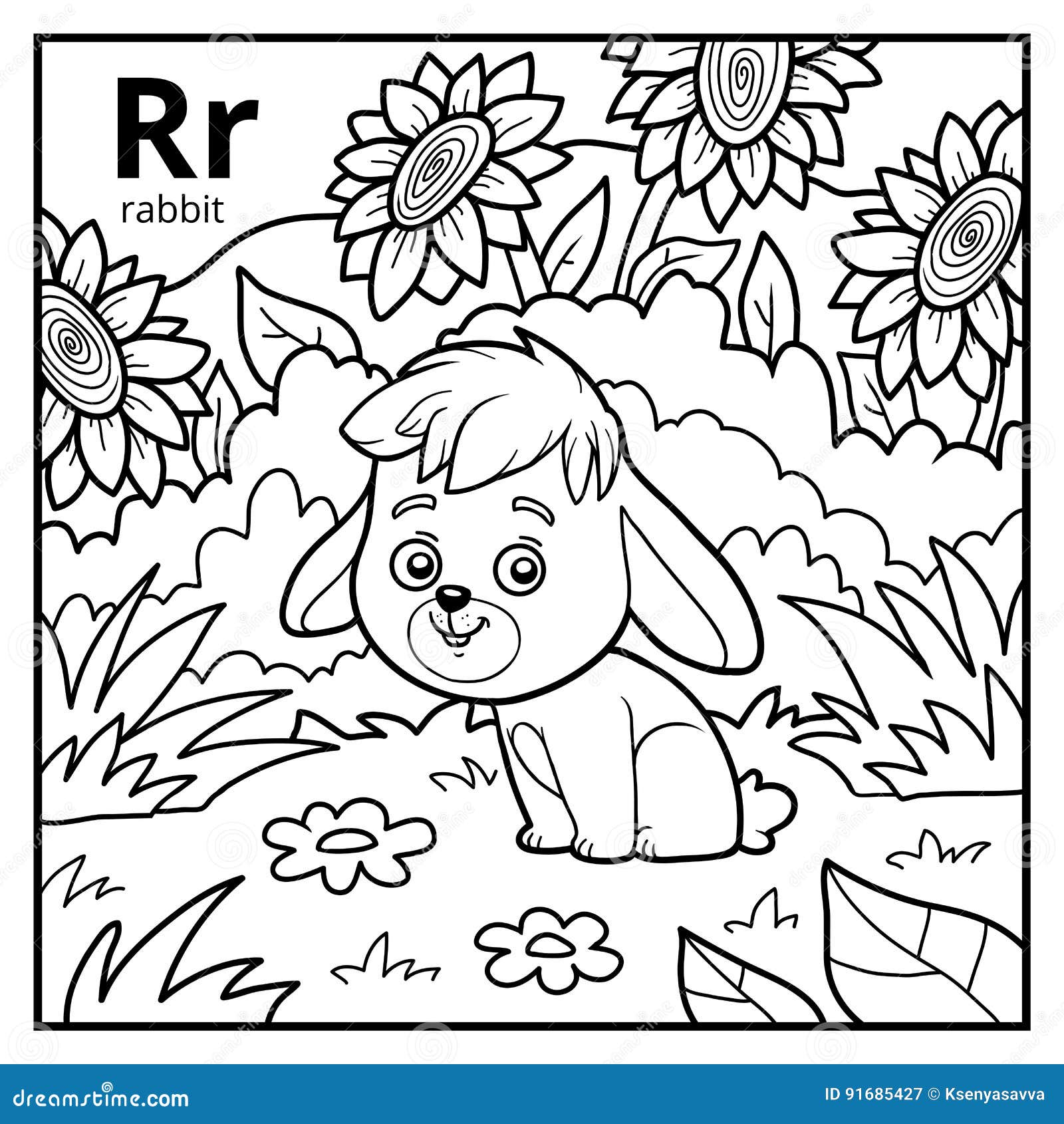 coloring book, colorless alphabet. letter r, rabbit