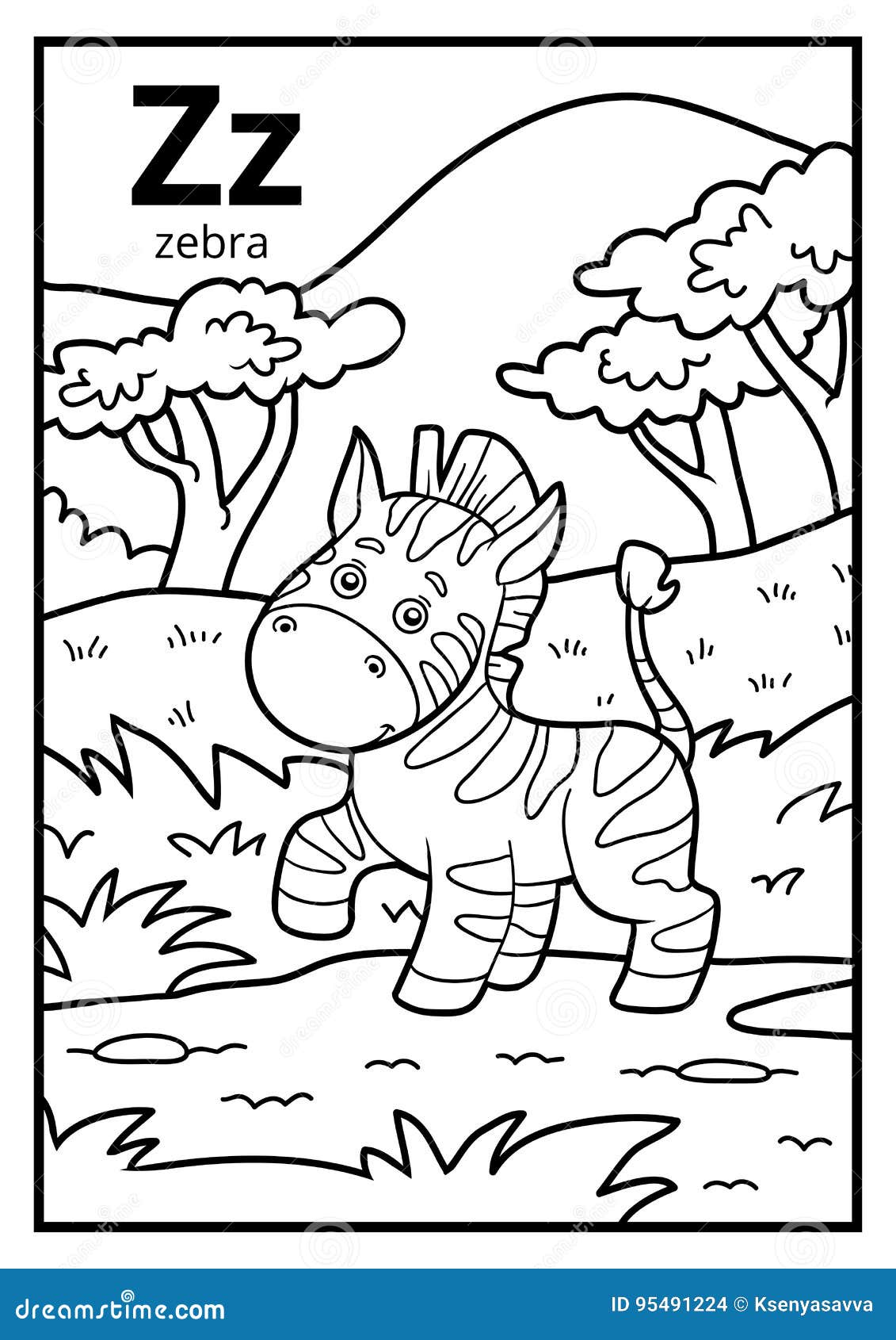 coloring book, colorless alphabet. letter z, zebra