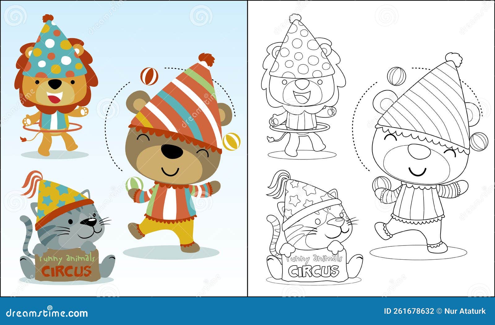 Coloring Book of Cute Animals Cartoon in Circus Costume Stock Vector