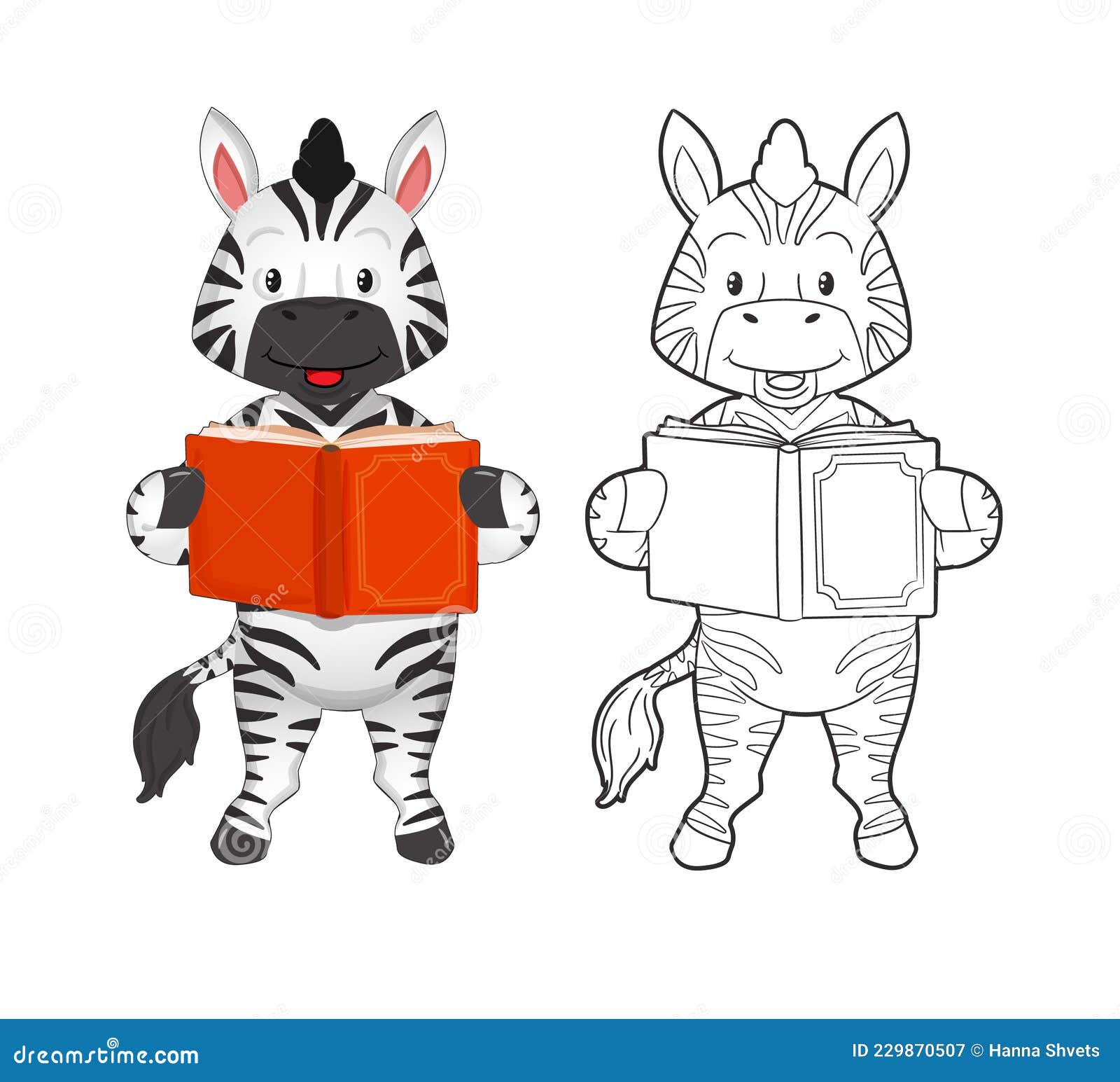 coloring book. cute striped zebra reading an interesting book. 
