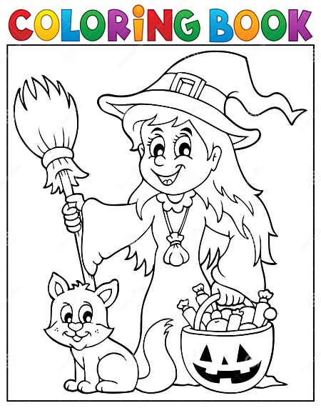 Coloring Book Cute Witch and Cat Stock Vector - Illustration of cute ...